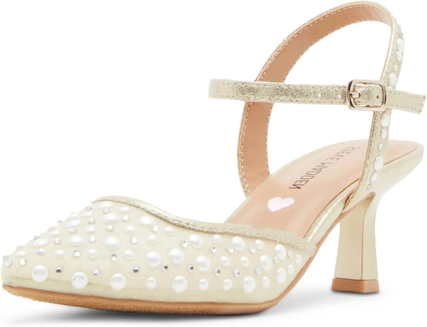 کفش پاشنه دار دخترانه فینلی، ترکیبی از ظرافت و جذابیت با پاشنه بچه گربه ای شیک و طراحی اسلینگ بک. تزئین شده با جزئیات مرواریدی ظریف و دارای بست سگکی مچ پا برای جذابیت بیشتر، این کفش انتخابی عالی برای هر مناسبت خاص است.