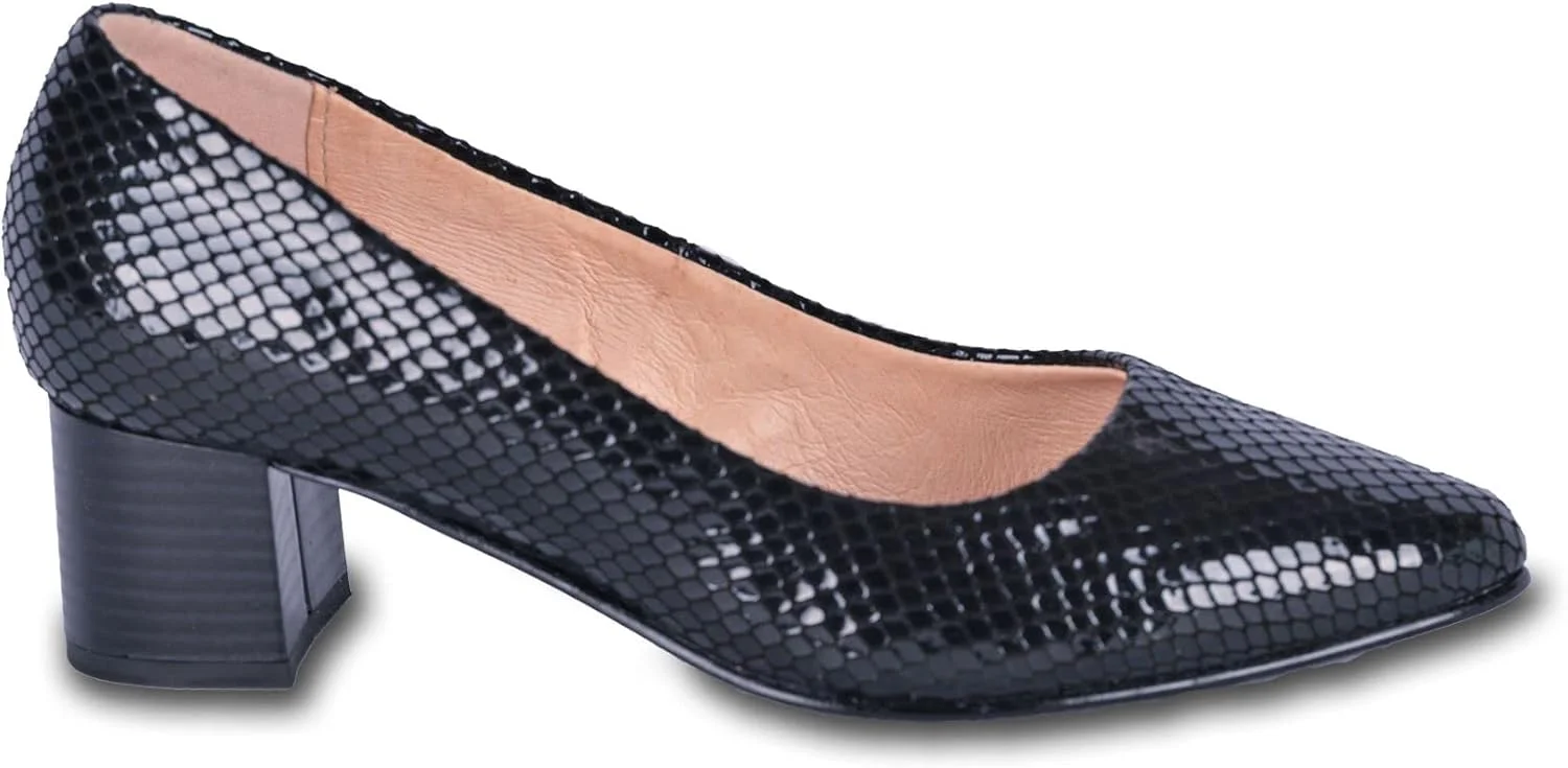 کفش پاشنه بلند زنانه مشکی براق چرم طبیعی رُزینا با کفی نرم و پاشنه 4.5 سانتی متری