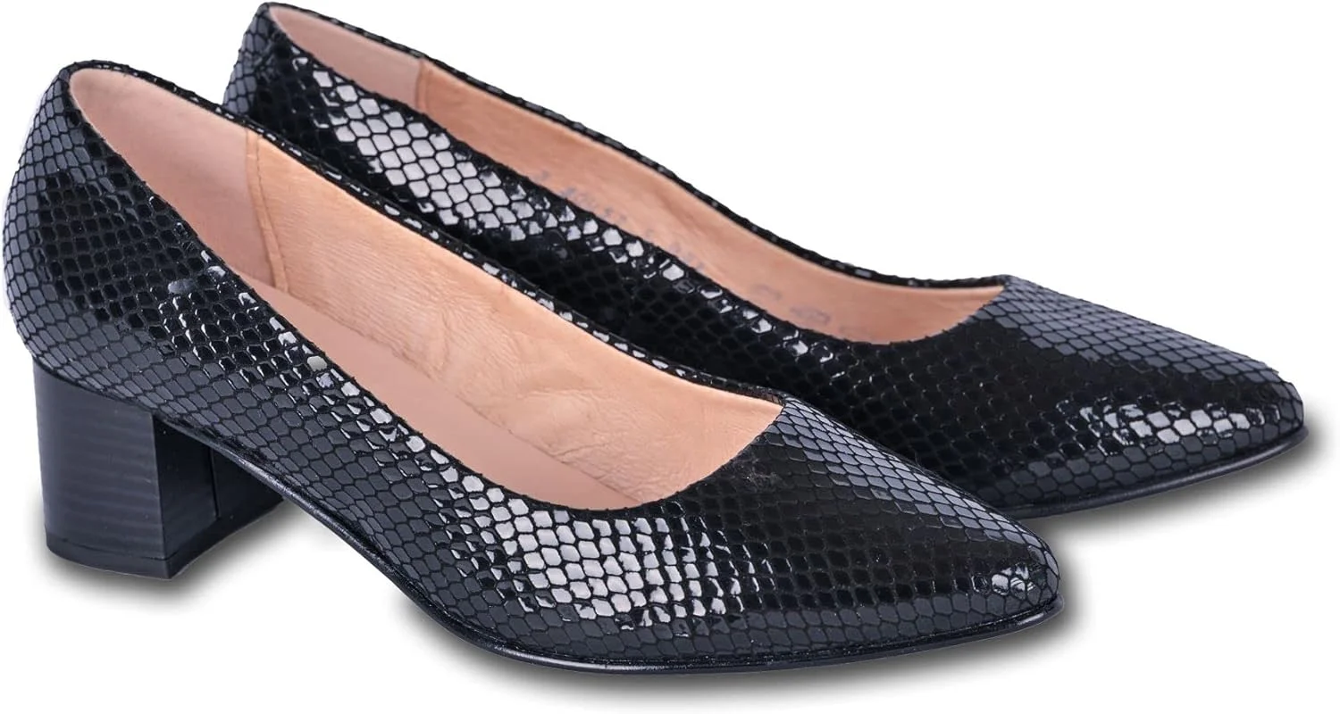 کفش پاشنه بلند زنانه مشکی براق چرم طبیعی رُزینا با کفی نرم و پاشنه 4.5 سانتی متری