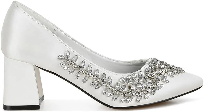 کفش پاشنه بلند زنانه لاندن رگ، جنس پلی استر ساتن، تزیین شده با نگین، سایز 39، سفید
