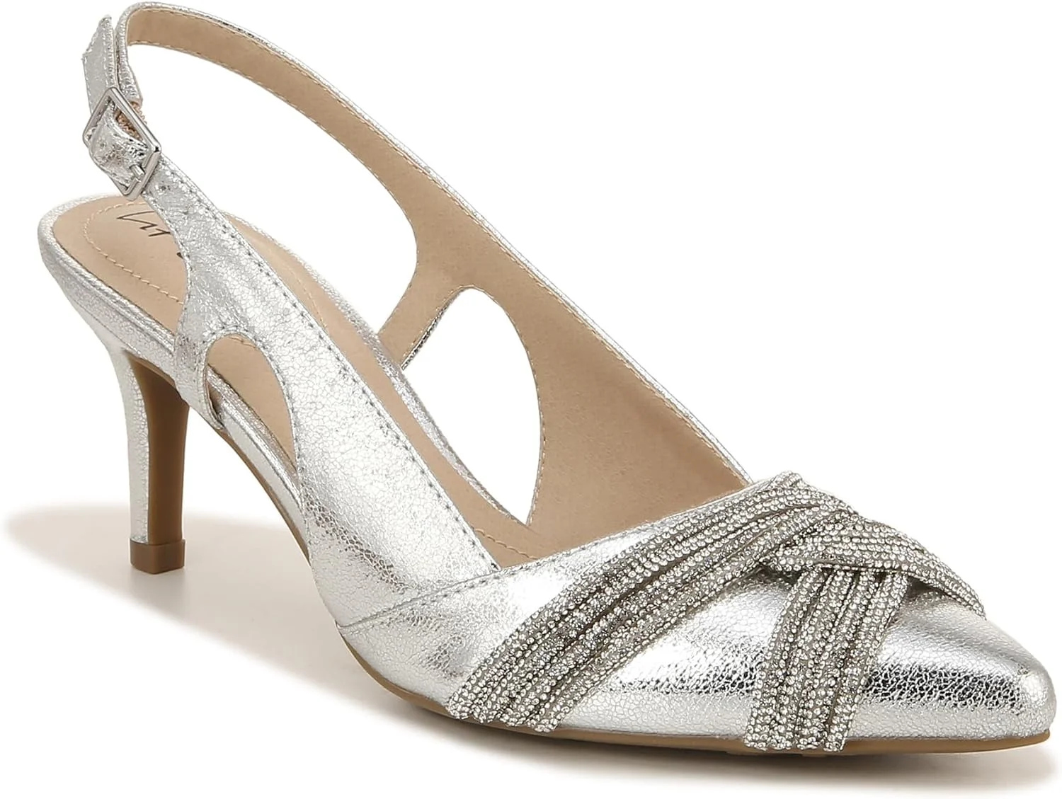 کفش پاشنه بلند زنانه لایف استراید مدل Social Event با تزیین نگین های متالیک، نوک تیز و بند پشتی - نقره ای