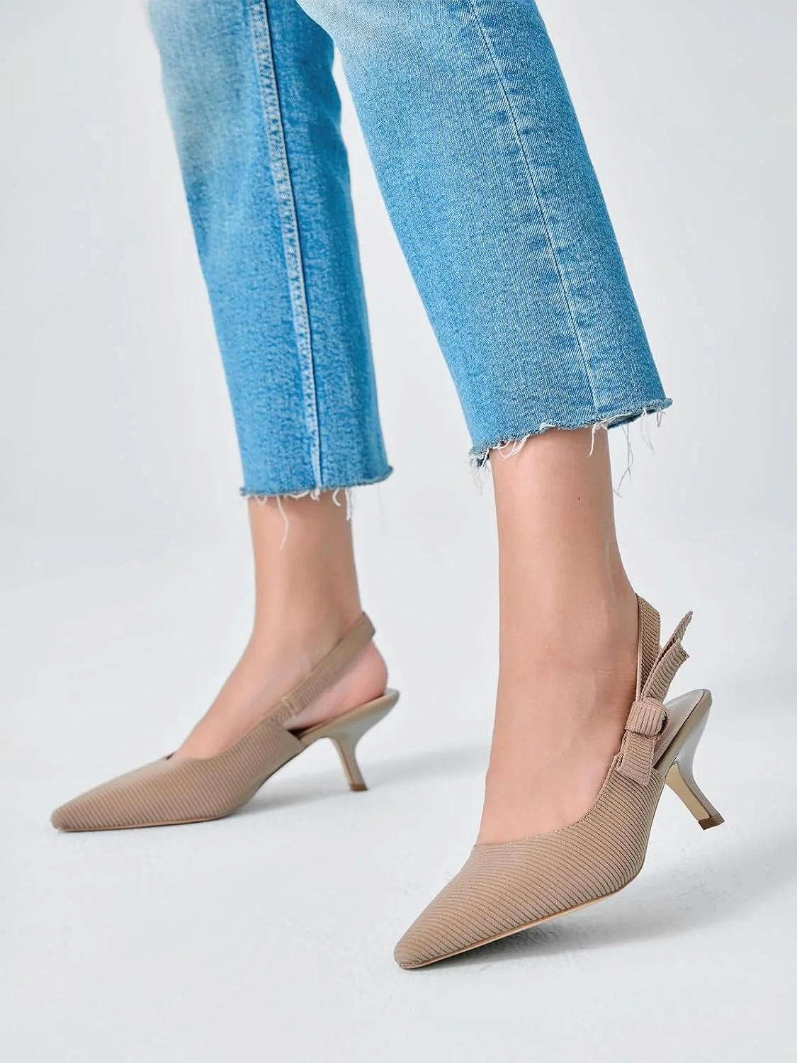 کفش پاشنه دار زنانه Coutgo، مدل Slingback، نوک تیز، پاپیون دار، بافتنی، Slip On، مناسب برای کار و مهمانی