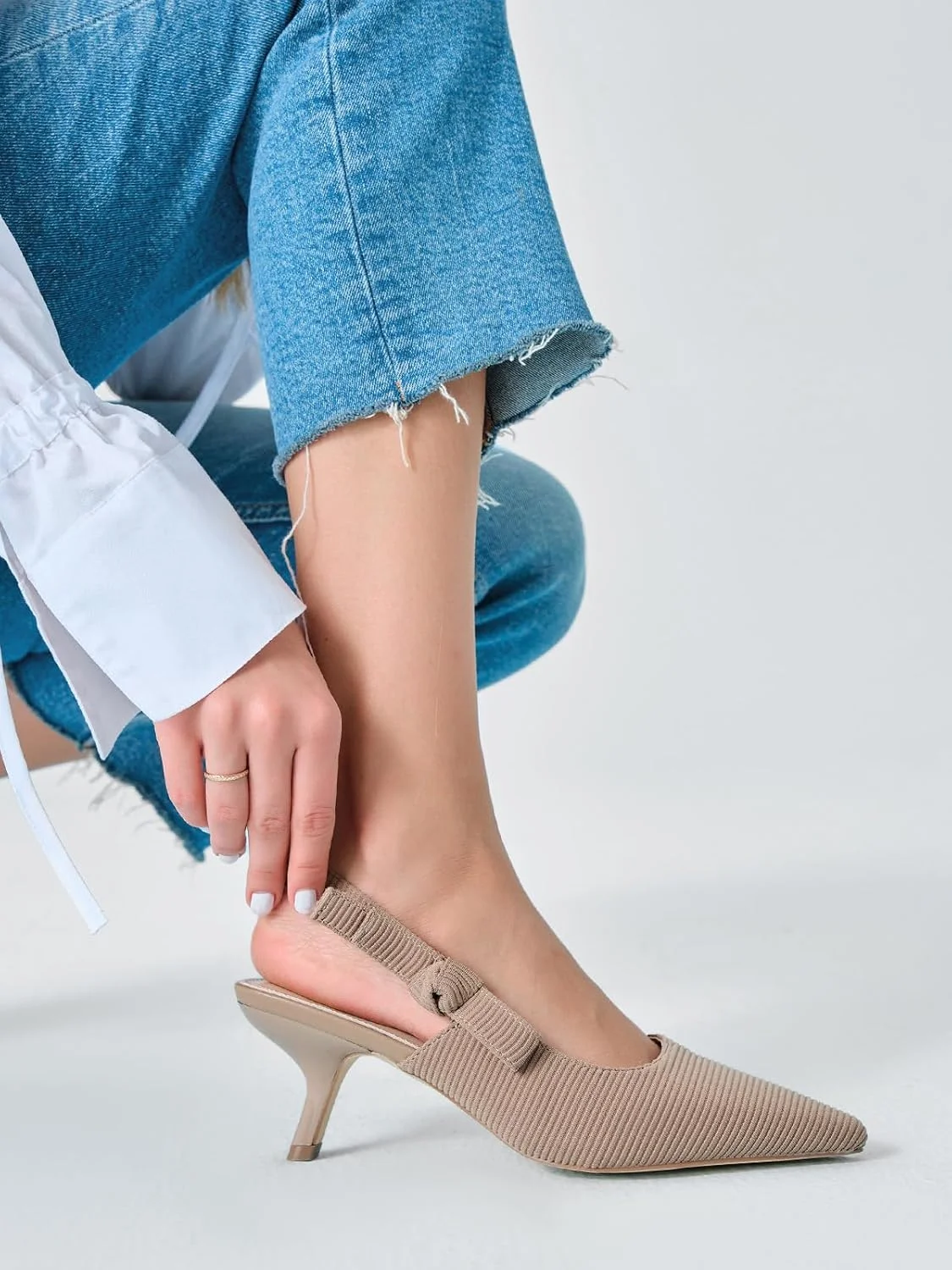 کفش پاشنه دار زنانه Coutgo، مدل Slingback، نوک تیز، پاپیون دار، بافتنی، Slip On، مناسب برای کار و مهمانی