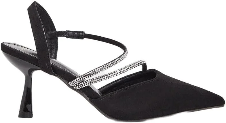کفش پاشنه بلند زنانه استایلی، تزیین شده، بند نامتقارن، مشکی، سایز 41 اروپا