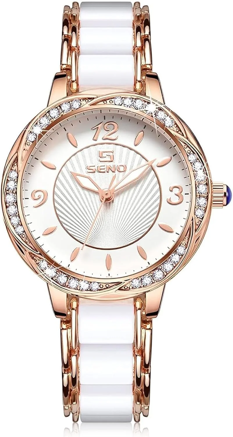 ساعت مچی زنانه لوکس، ساعت مچی کوارتز آنالوگ سرامیکی سفید، ساعت زنانه مد روز، ساعت مچی زنانه مجلسی شیک با تقویم ضد آب و شیشه معدنی (رزگلد)