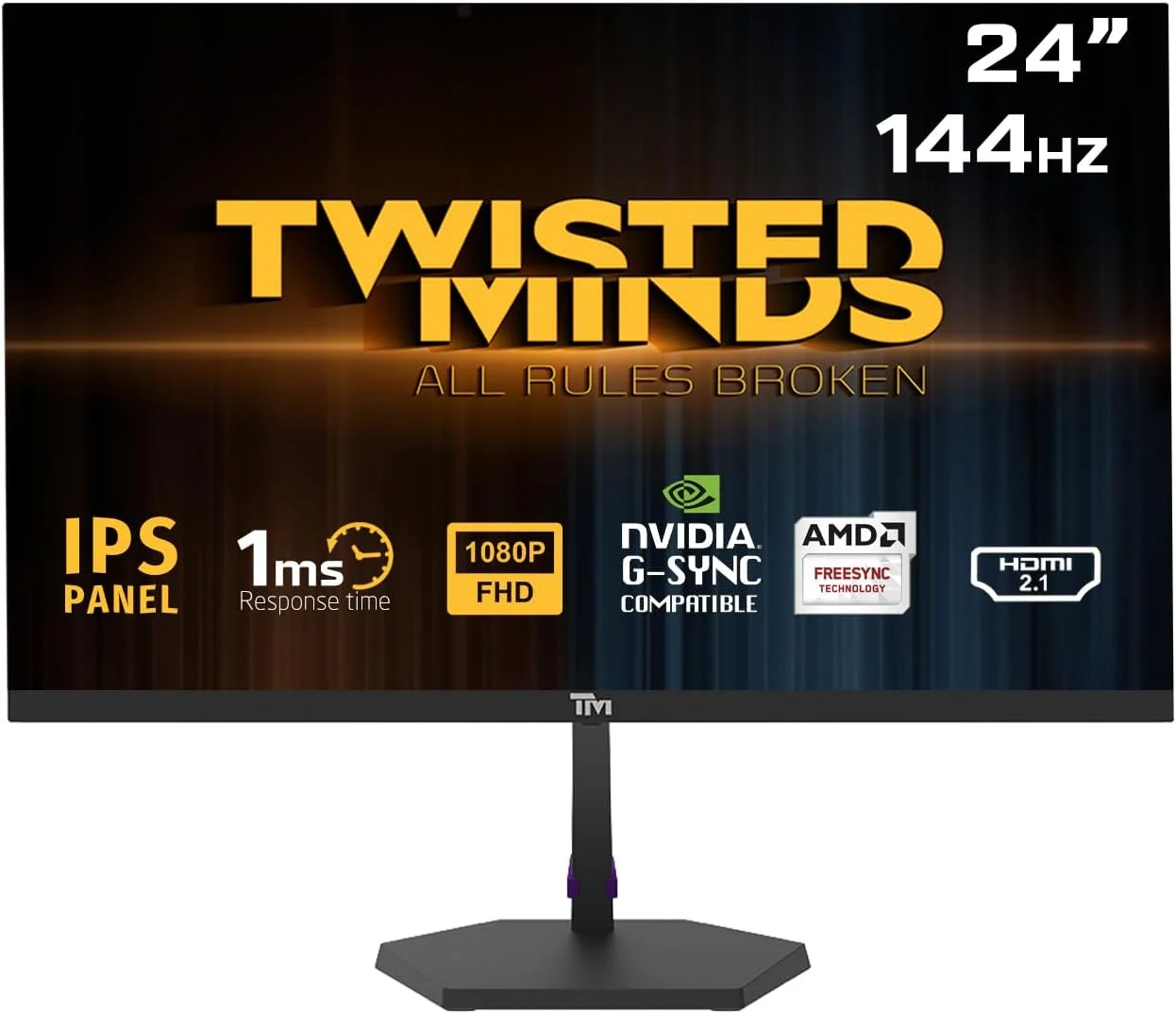 مانیتور گیمینگ 24 اینچی E-LED IPS FHD سری Twisted Minds TM Eco، نرخ نوسازی 144 هرتز، زمان پاسخگویی 1 میلی‌ثانیه MPRT، Adaptive Sync، بدون پرش تصویر، نور آبی کم، HDMI 2.1، DP 1.4، بلندگوهای داخلی، قابلیت نصب VESA، پوشش 99% sRGB