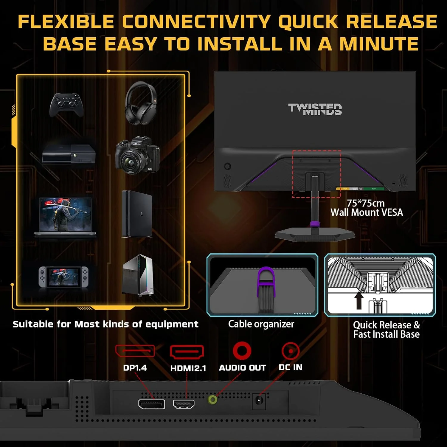 مانیتور گیمینگ 24 اینچی E-LED IPS FHD سری Twisted Minds TM Eco، نرخ نوسازی 144 هرتز، زمان پاسخگویی 1 میلی‌ثانیه MPRT، Adaptive Sync، بدون پرش تصویر، نور آبی کم، HDMI 2.1، DP 1.4، بلندگوهای داخلی، قابلیت نصب VESA، پوشش 99% sRGB