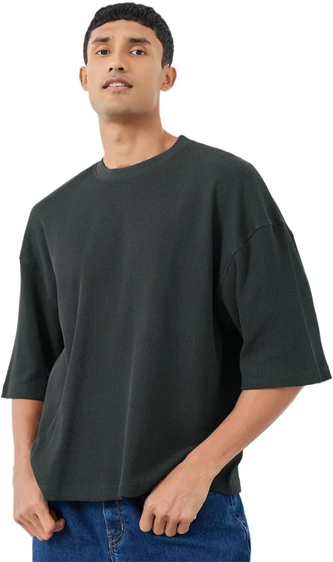 تی شرت جعبه ای بافت وافل مردانه STYLI