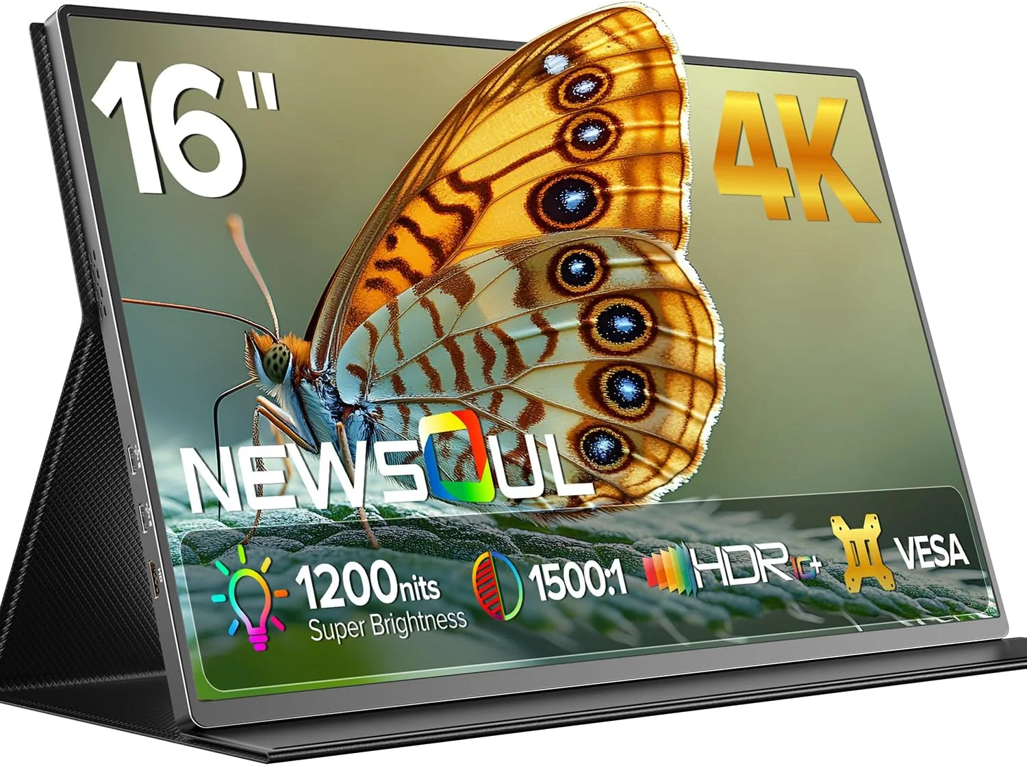 مانیتور قابل حمل 4K Newsoul، مانیتور گیمینگ 16 اینچی UHD با رزولوشن 3840 * 2400، روشنایی 1200 نیتی، کنتراست 1500:1، پوشش 100% sRGB، پنل IPS، FreeSync، دارای VESA و کاور، دارای پورت USB-C و HDMI، صفحه نمایش قابل حمل برای تلفن و کنسول بازی
