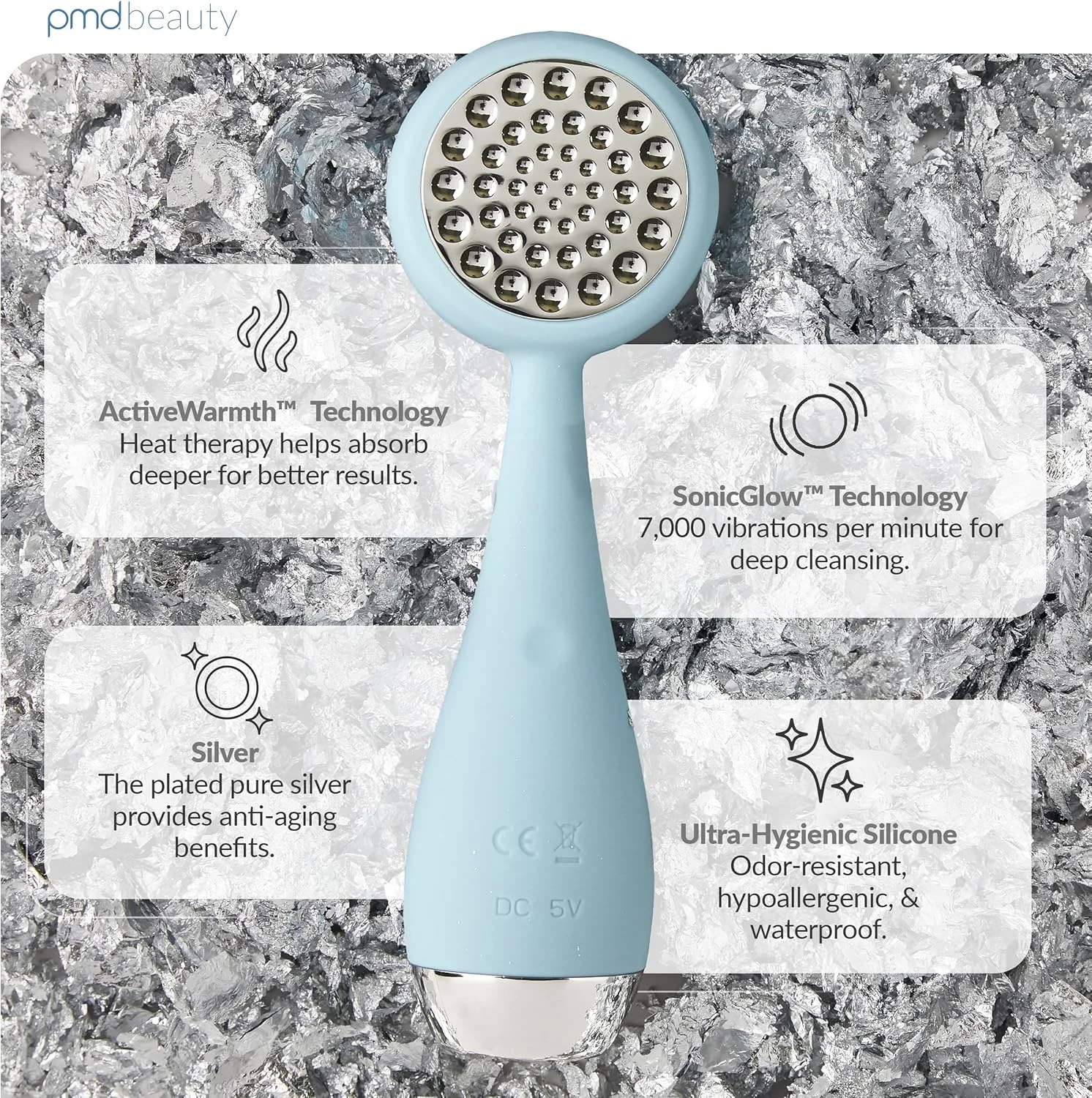 دستگاه پاک کننده هوشمند صورت PMD Clean Pro Sky با برس سیلیکونی و ماساژور ضد پیری ActiveWarmth با نقره خالص - ضد آب - لرزش SonicGlow - پاک کننده منافذ و جوش های سرسیاه دستگاه پاک کننده هوشمند صورت PMD Clean Pro Sky با برس سیلیکونی و ماساژور ضد پیری ActiveWarmth با نقره خالص - ضد آب - لرزش SonicGlow - پاک کننده منافذ و جوش های سرسیاه