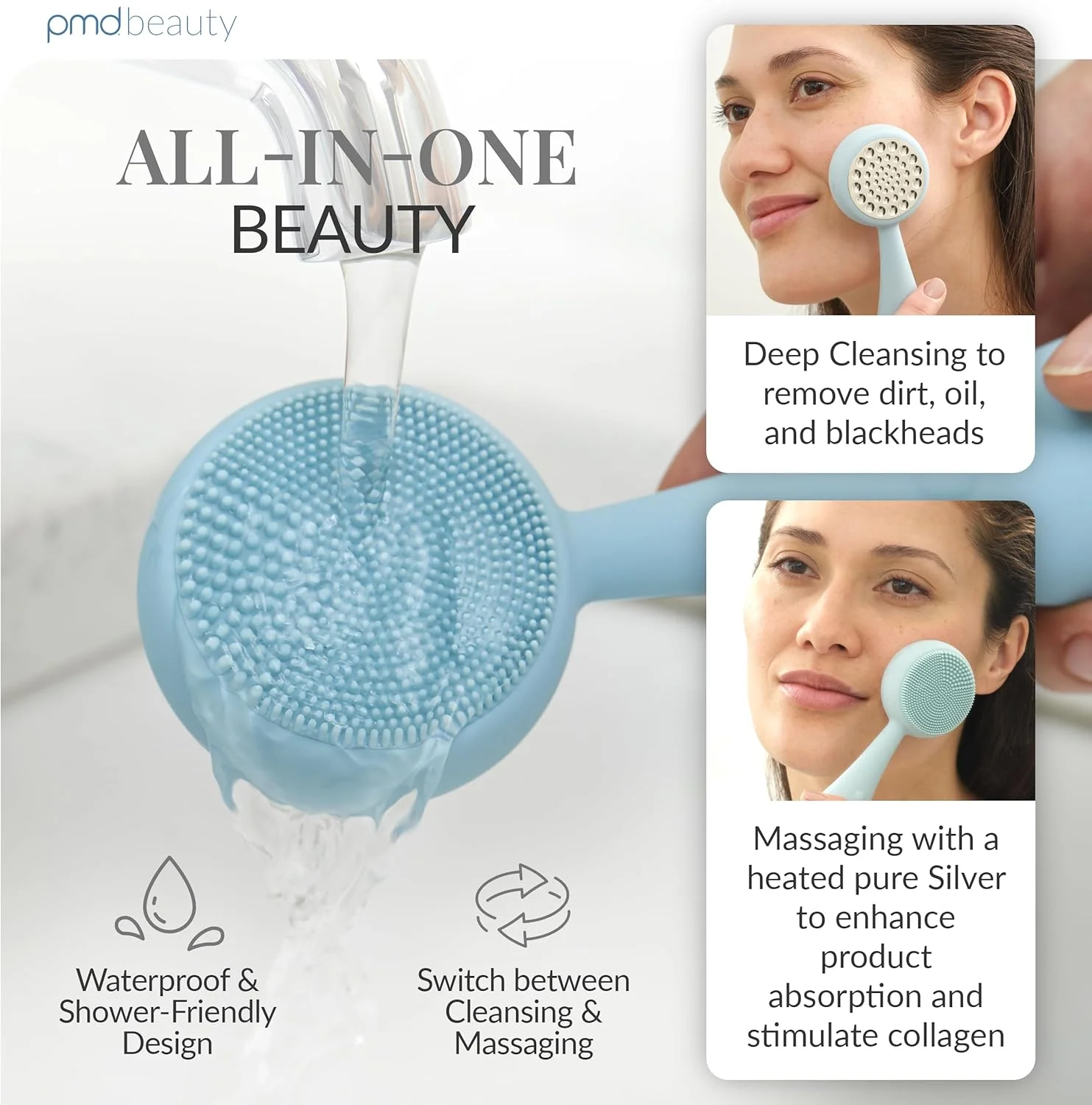 دستگاه پاک کننده هوشمند صورت PMD Clean Pro Sky با برس سیلیکونی و ماساژور ضد پیری ActiveWarmth با نقره خالص - ضد آب - لرزش SonicGlow - پاک کننده منافذ و جوش های سرسیاه دستگاه پاک کننده هوشمند صورت PMD Clean Pro Sky با برس سیلیکونی و ماساژور ضد پیری ActiveWarmth با نقره خالص - ضد آب - لرزش SonicGlow - پاک کننده منافذ و جوش های سرسیاه