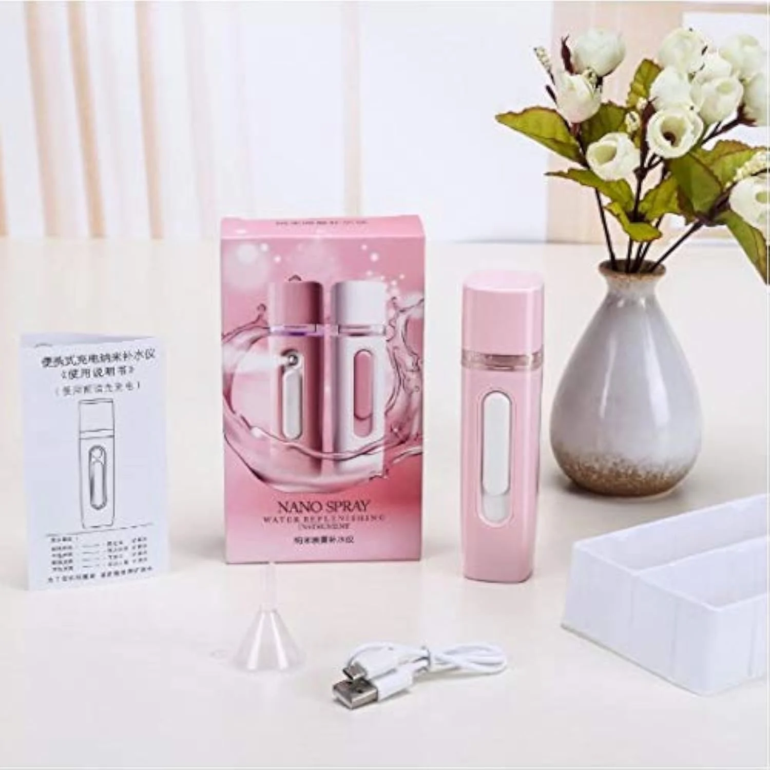 دستگاه نانو مه پاش صورت - مینی بخور صورت USB قابل شارژ با اسپری سرد، پشتیبانی از پاوربانک، مخزن 28 میلی لیتری - دستگاه آبرسانی قابل حمل پوست (صورتی، 13 سانتی متر)