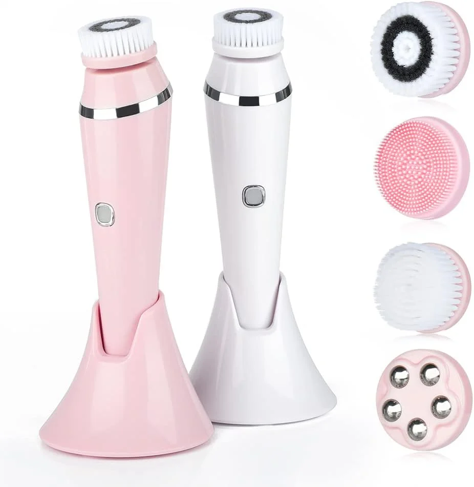 برس پاک کننده صورت برقی 4 در 1، برس های چرخشی پاک کننده صورت قابل شارژ، حذف جوش های سرسیاه، پاکسازی عمیق و لایه برداری (سفید)