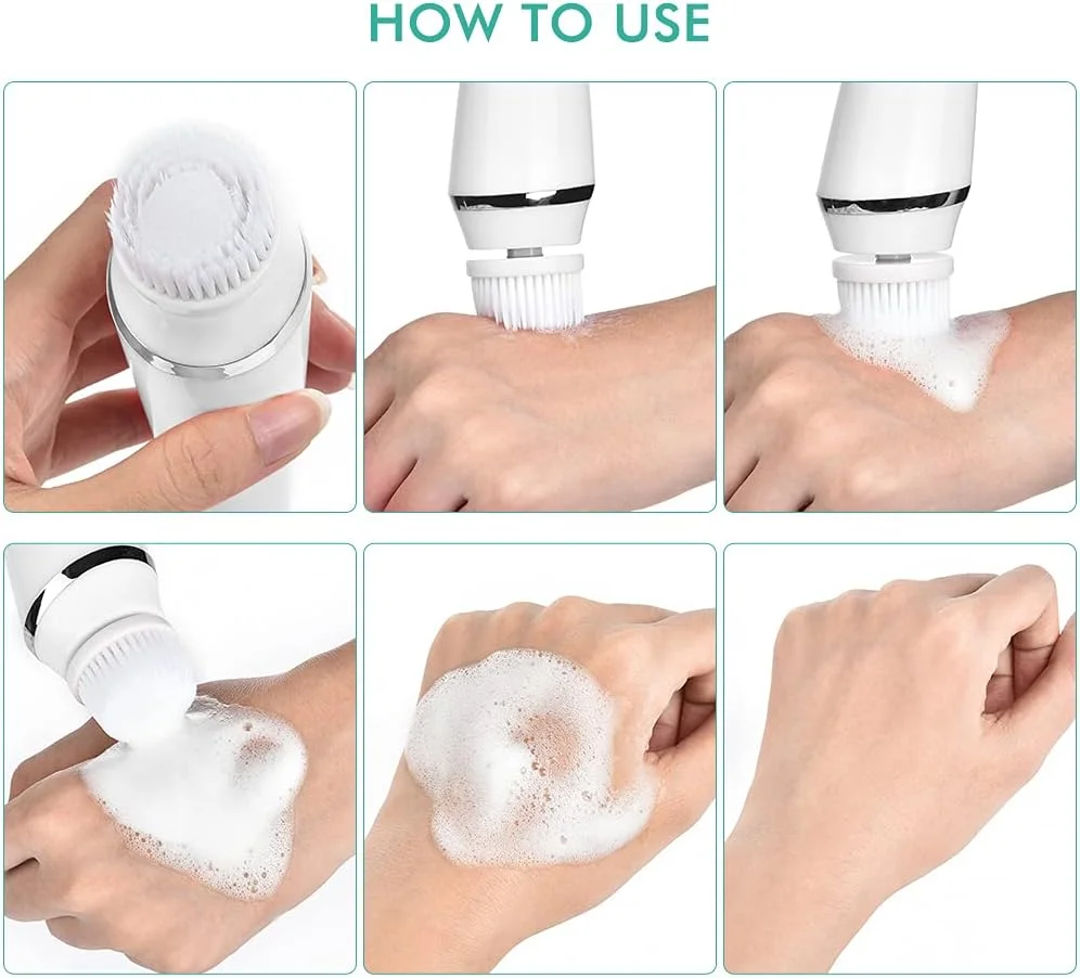 برس پاک کننده صورت برقی 4 در 1، برس های چرخشی پاک کننده صورت قابل شارژ، حذف جوش های سرسیاه، پاکسازی عمیق و لایه برداری (سفید) برس پاک کننده صورت برقی 4 در 1، برس های چرخشی پاک کننده صورت قابل شارژ، حذف جوش های سرسیاه، پاکسازی عمیق و لایه برداری (سفید)