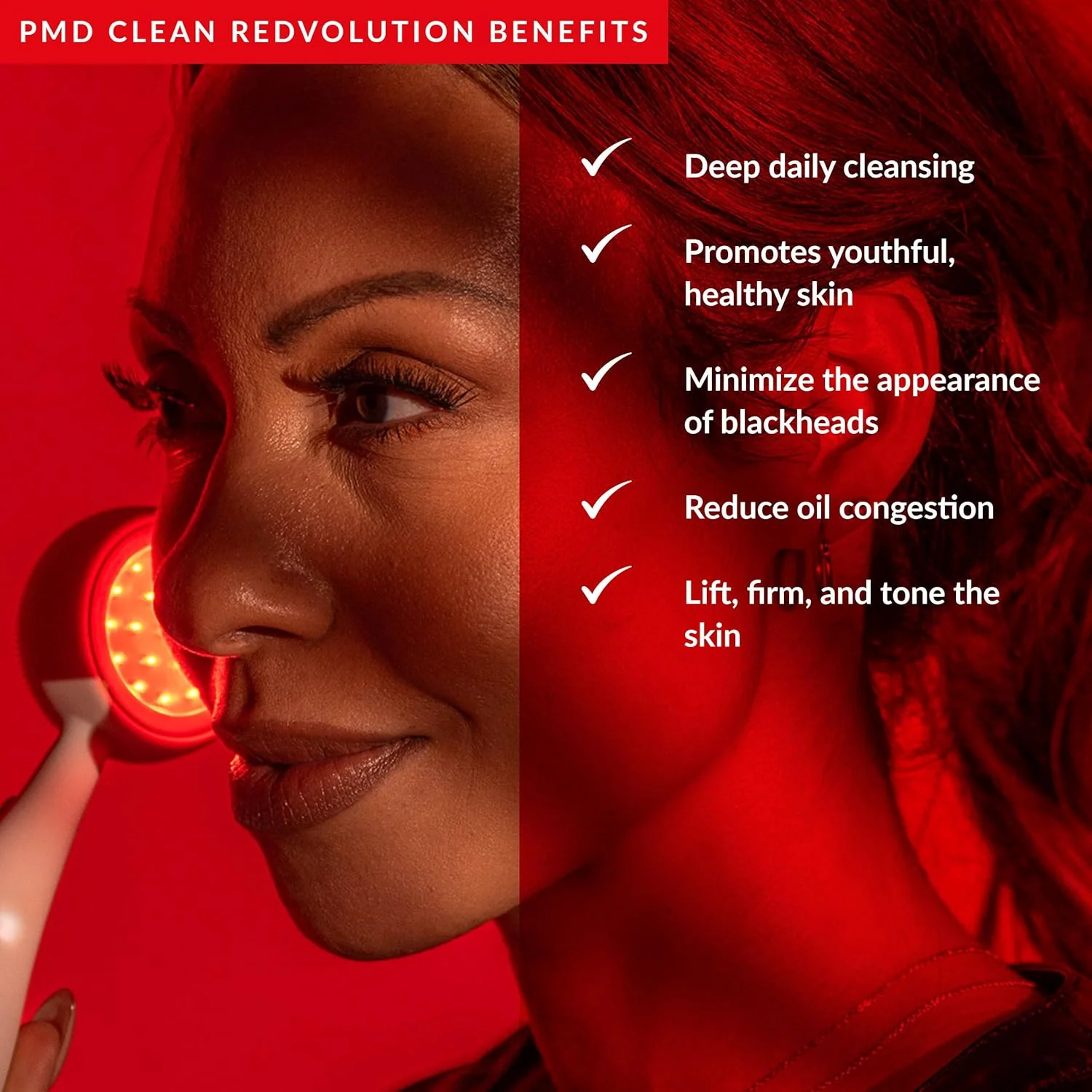 دستگاه پاکسازی هوشمند صورت PMD Clean Redvolution با برس سیلیکونی و درمان با نور قرمز ضد پیری - صاف کننده خطوط ریز و چین و چروک، سفت کننده و تقویت کننده - برای صورت و بدن