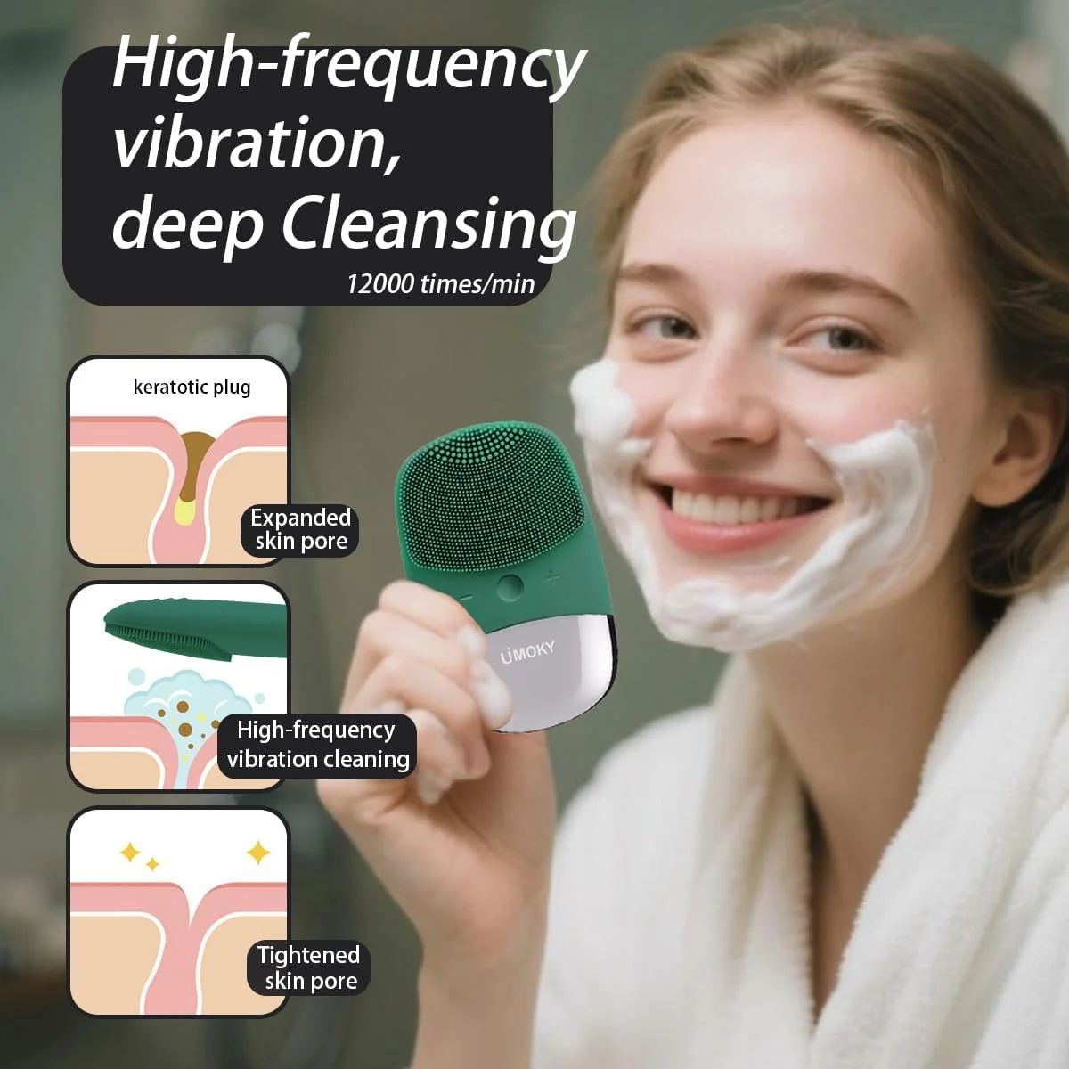 برس پاک کننده صورت، اسکرابر برقی سیلیکونی صورت 3 در 1، ماساژور ویبره، ضد آب IPX7، برس منافذ قابل شارژ USB برای پاکسازی عمیق، لایه برداری (سبز)