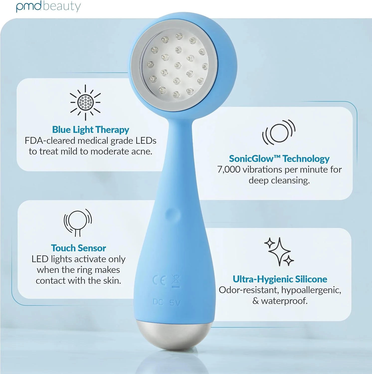 دستگاه پاکسازی هوشمند صورت PMD Clean Acne با برس سیلیکونی و درمان نور آبی ضد جوش - ضد آب - فناوری لرزش SonicGlow - پاک کننده منافذ، جوش های سرسیاه و آکنه