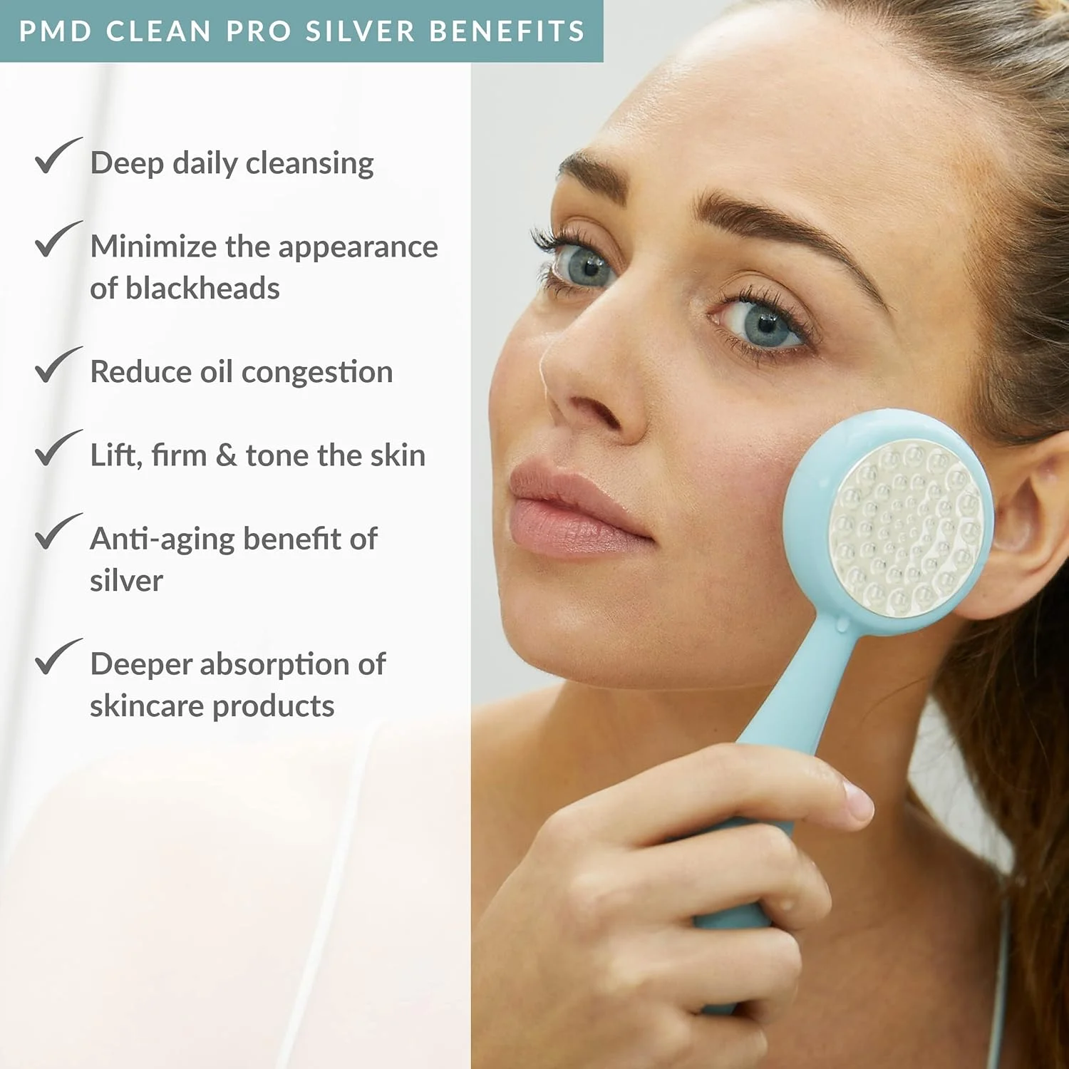 دستگاه پاکسازی صورت PMD Beauty Clean Pro نقره ای - دستگاه هوشمند پاک کننده صورت با برس سیلیکونی و ماساژور ضد پیری ActiveWarmth نقره خالص - ضد آب - لرزش SonicGlow - پاک کننده منافذ و جوش های سرسیاه