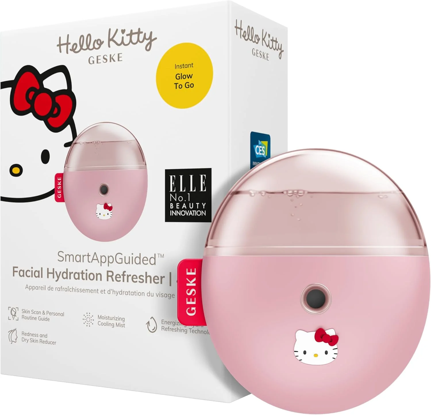 GESKE x Hello Kitty | دستگاه آبرسان هوشمند صورت | 4 در 1 | اتومایزر آب | بخور صورت | مه پاش صورت | دستگاه پاک کننده صورت | اسپری مه | لوازم آرایشی پوست | درخشش طبیعی