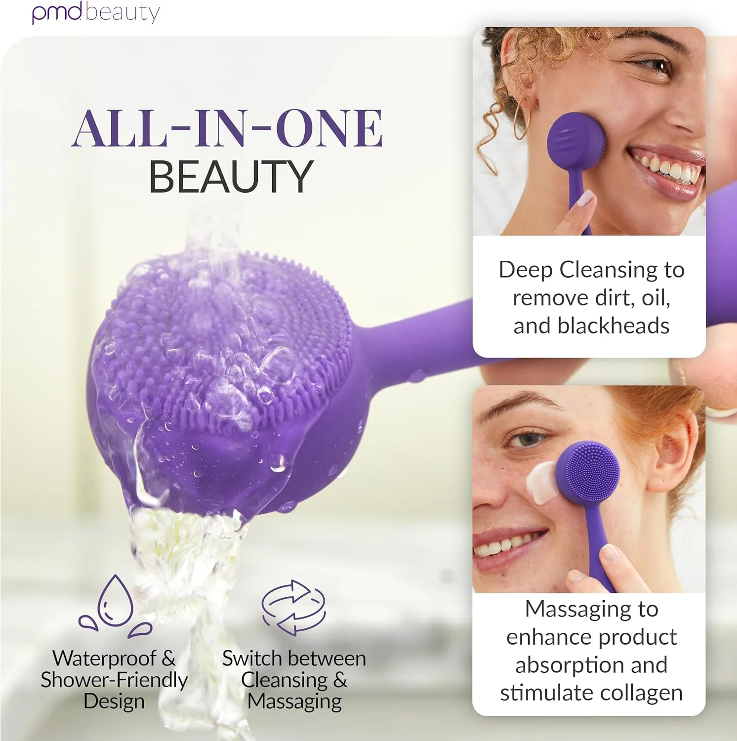 دستگاه پاکسازی صورت هوشمند PMD Clean Mini با برس سیلیکونی و ماساژور ضد پیری - ضد آب - فناوری لرزش SonicGlow - پاک کننده منافذ و جوش های سرسیاه - لیفت، سفت کننده و تقویت کننده پوست