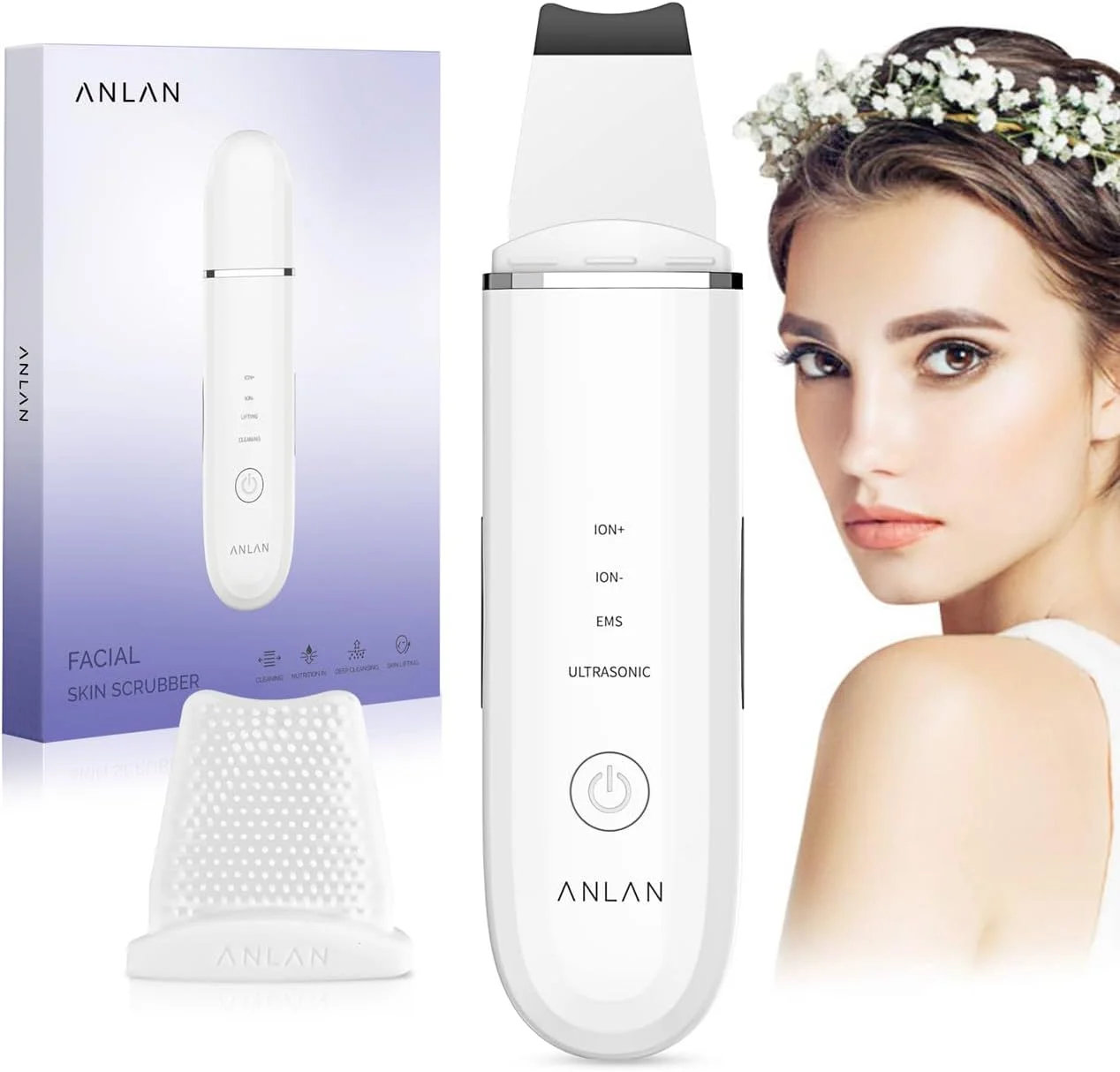 دستگاه اسکرابر پوست اولتراسونیک ANLAN، لایه بردار اولتراسونیک، EMS یونی، کاردک پاک کننده منافذ صورت، از بین برنده چین و چروک، پاک کننده جوش های سرسیاه با 4 حالت، ماساژور مراقبت از پوست، قابل شارژ با USB