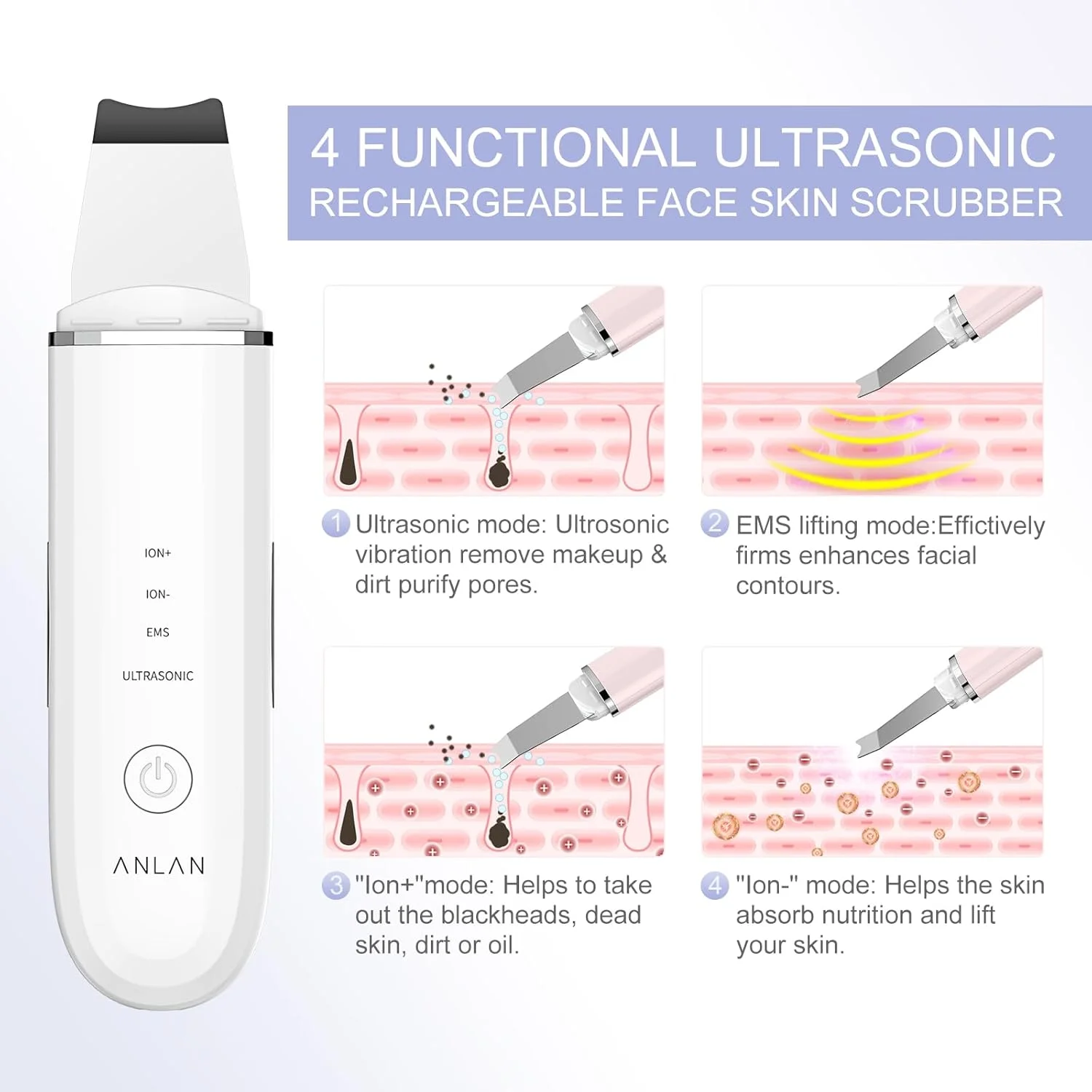 دستگاه اسکرابر پوست اولتراسونیک ANLAN، لایه بردار اولتراسونیک، EMS یونی، کاردک پاک کننده منافذ صورت، از بین برنده چین و چروک، پاک کننده جوش های سرسیاه با 4 حالت، ماساژور مراقبت از پوست، قابل شارژ با USB دستگاه اسکرابر پوست اولتراسونیک ANLAN، لایه بردار اولتراسونیک، EMS یونی، کاردک پاک کننده منافذ صورت، از بین برنده چین و چروک، پاک کننده جوش های سرسیاه با 4 حالت، ماساژور مراقبت از پوست، قابل شارژ با USB