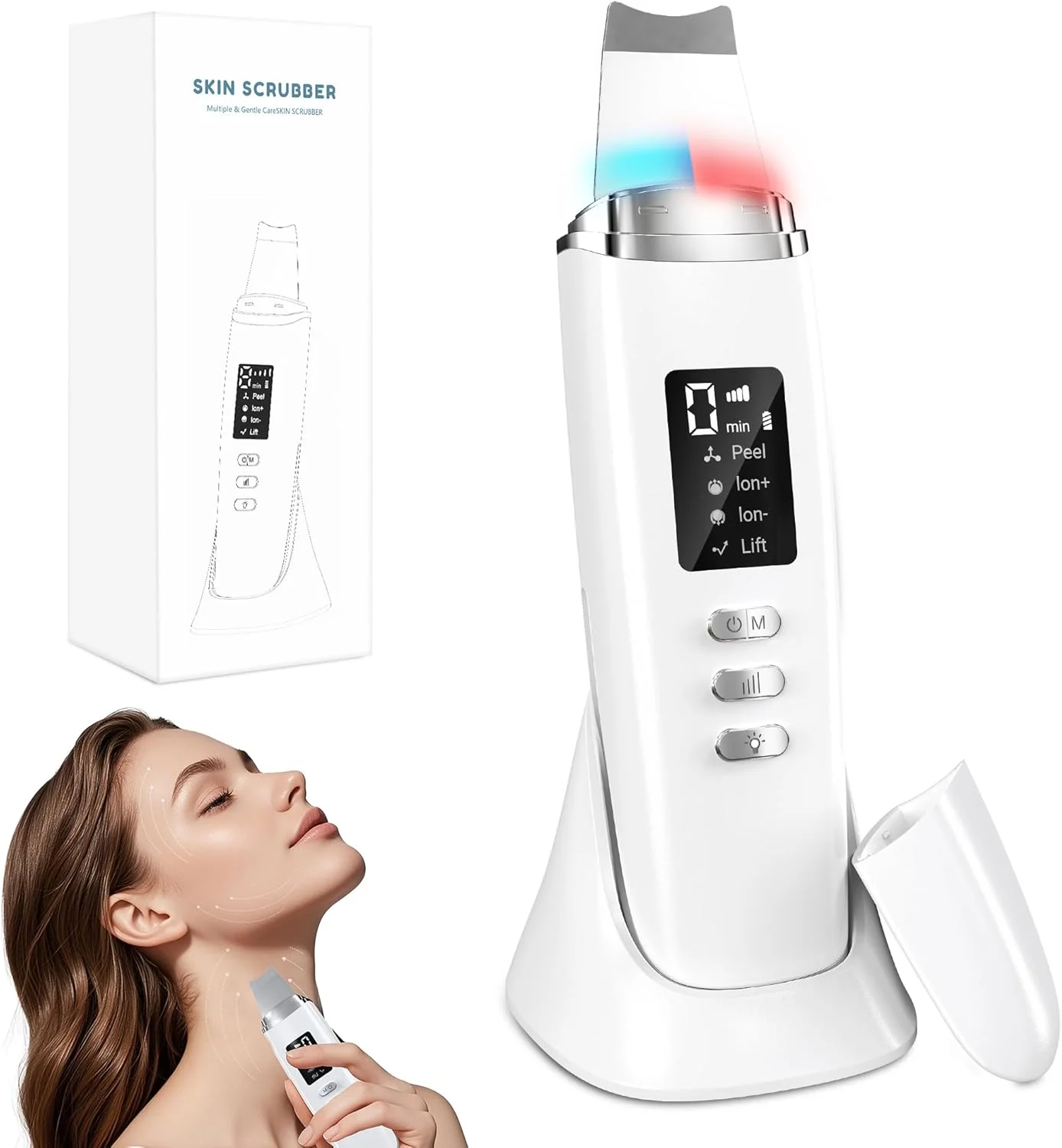 دستگاه پاکسازی پوست صورت با امواج فراصوت، دارای 4 حالت و شدت قابل تنظیم، نور قرمز و آبی، نمایشگر LED و خاموشی خودکار 5 دقیقه‌ای، پاک کننده جوش سرسیاه، دستگاه پاکسازی صورت