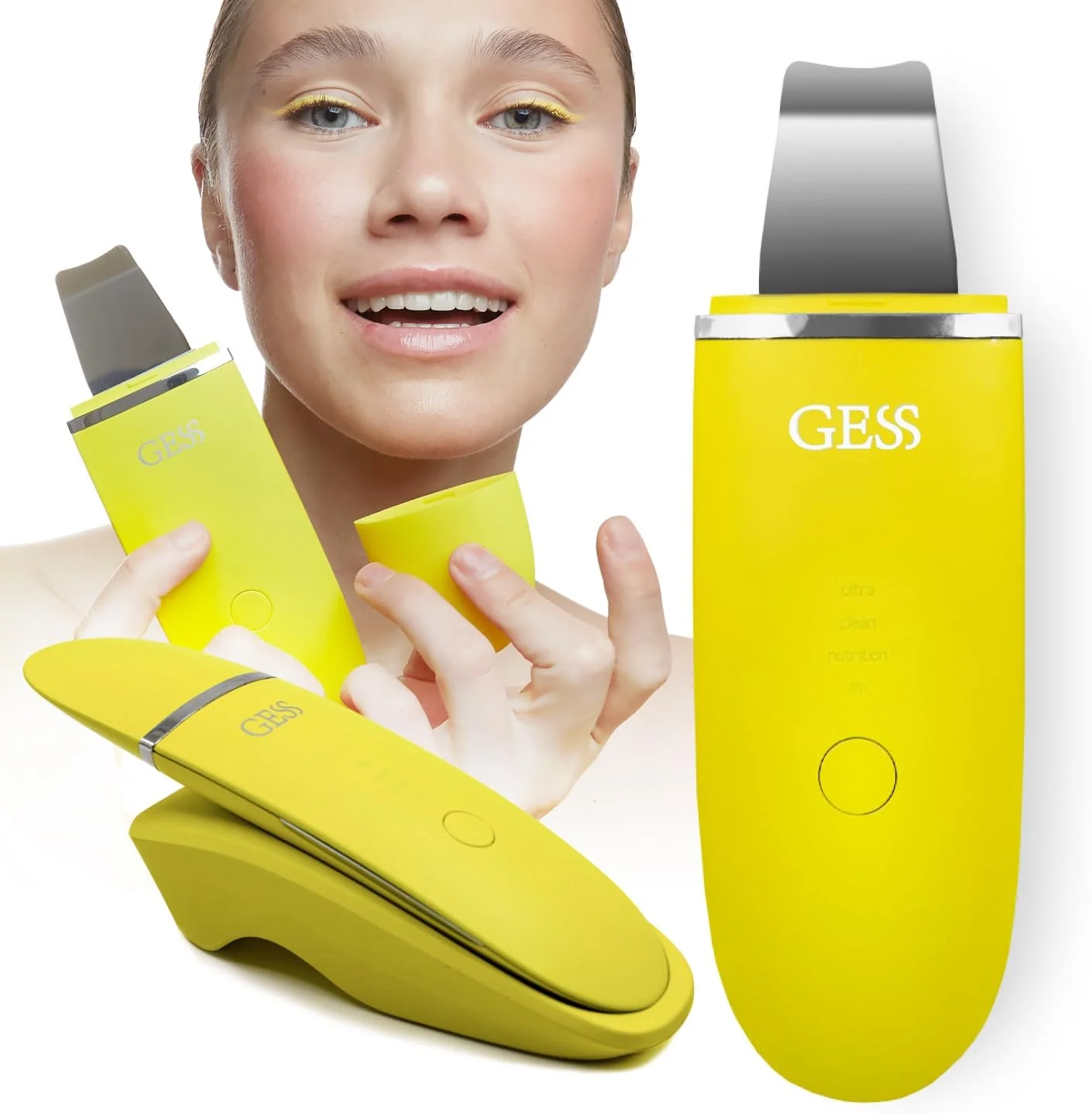 دستگاه لایه بردار التراسونیک اورجینال GESS Exotic برای پاکسازی صورت، دارای 5 حالت پاک کننده منافذ پوست، اسکراب التراسونیک، ضد پیری، از بین برنده جوش های سرسیاه، سفت کننده صورت - زرد