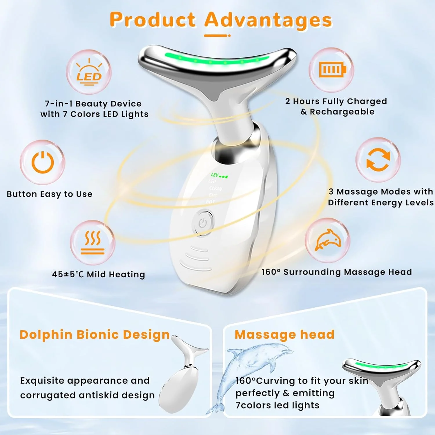 ماساژور صورت و گردن Azonee برای سفت کردن پوست، ماساژور چند منظوره صورت با 7 رنگ، دستگاه لیفت صورت و گردن قابل حمل با طراحی ضد لغزش (سفید)