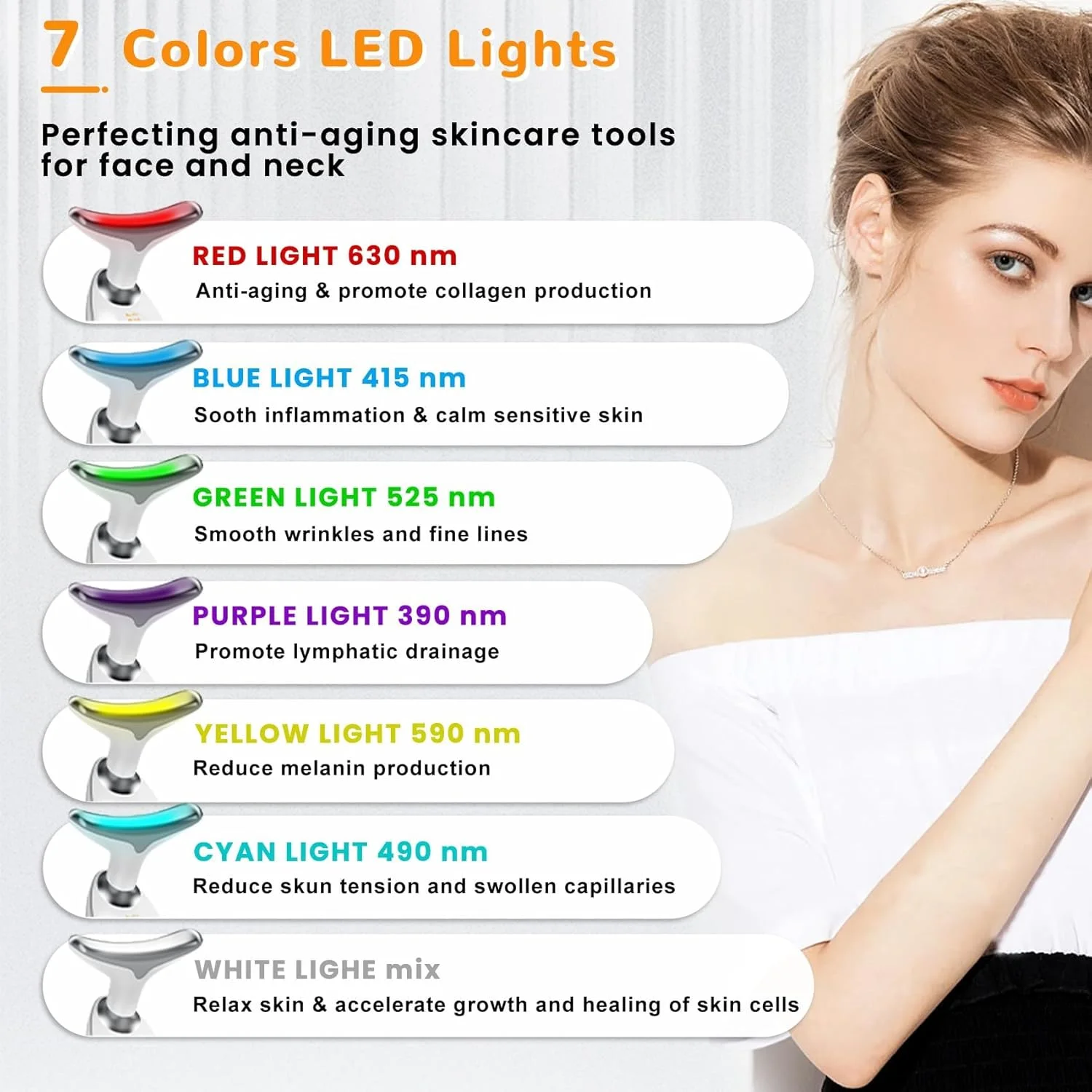 ماساژور صورت و گردن Azonee برای سفت کردن پوست، ماساژور چند منظوره صورت با 7 رنگ، دستگاه لیفت صورت و گردن قابل حمل با طراحی ضد لغزش (سفید)