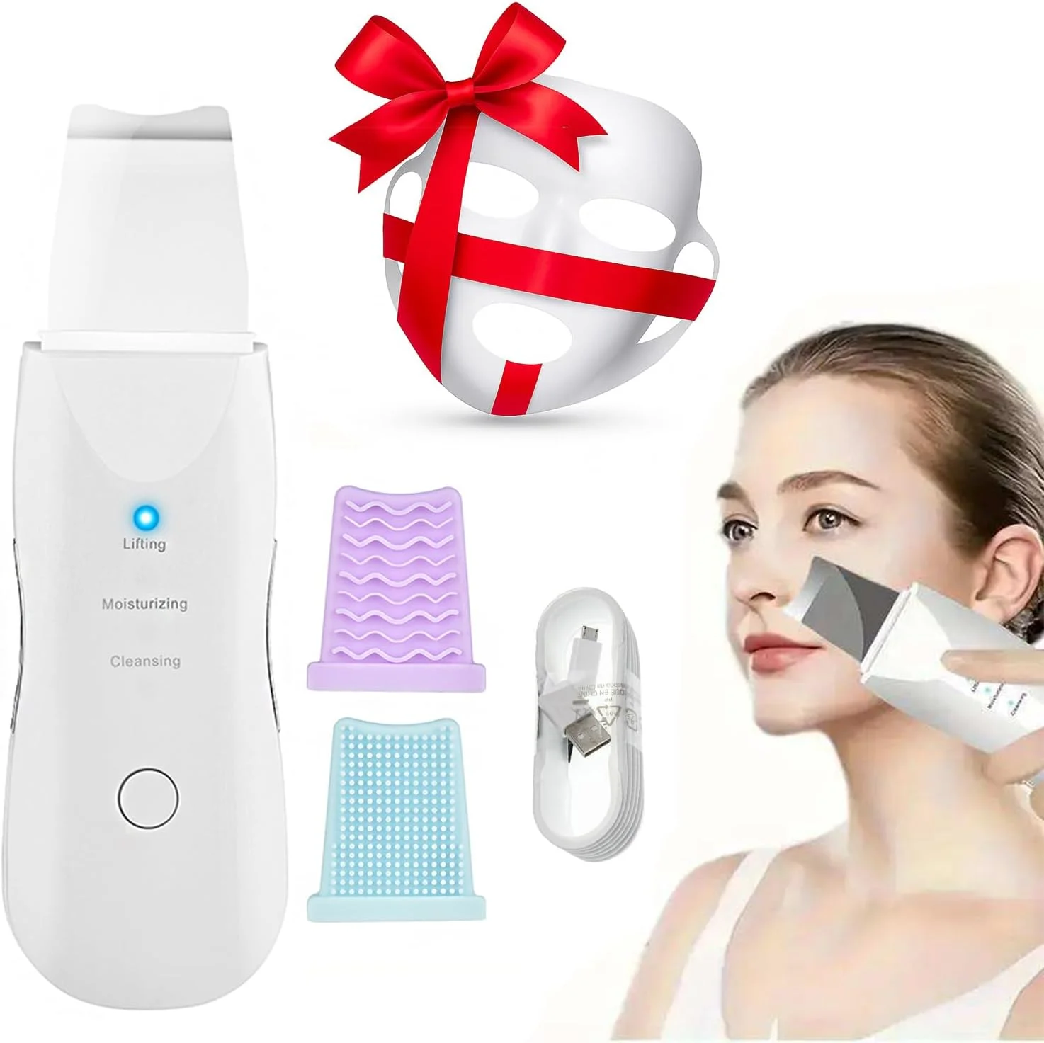 دستگاه اسکرابر پوست MB® - پاک کننده صورت اولتراسونیک برای زنان | پاکسازی عمیق، حذف جوش های سرسیاه و آکنه، سفت کردن چین و چروک، ماساژ ویبره و مرطوب کننده | ماسک سیلیکونی رایگان