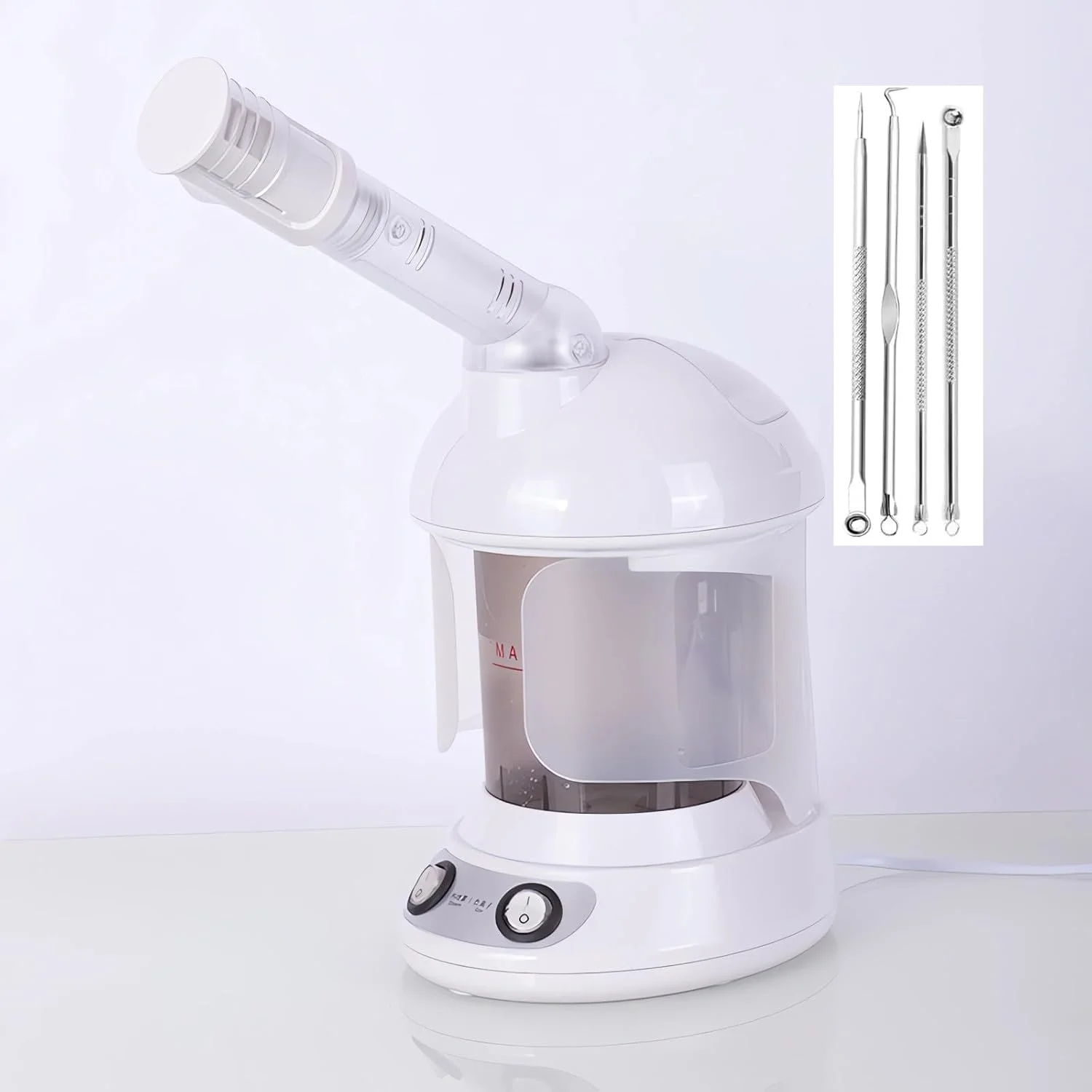 دستگاه بخور صورت نانو یونی قابل حمل با نازل چرخان 360 درجه برای پاکسازی عمیق. مناسب برای استفاده در منزل، سالن و اسپا، شامل هدبند و ست ابزار 4 تکه مراقبت از پوست (سفید، خاکستری)