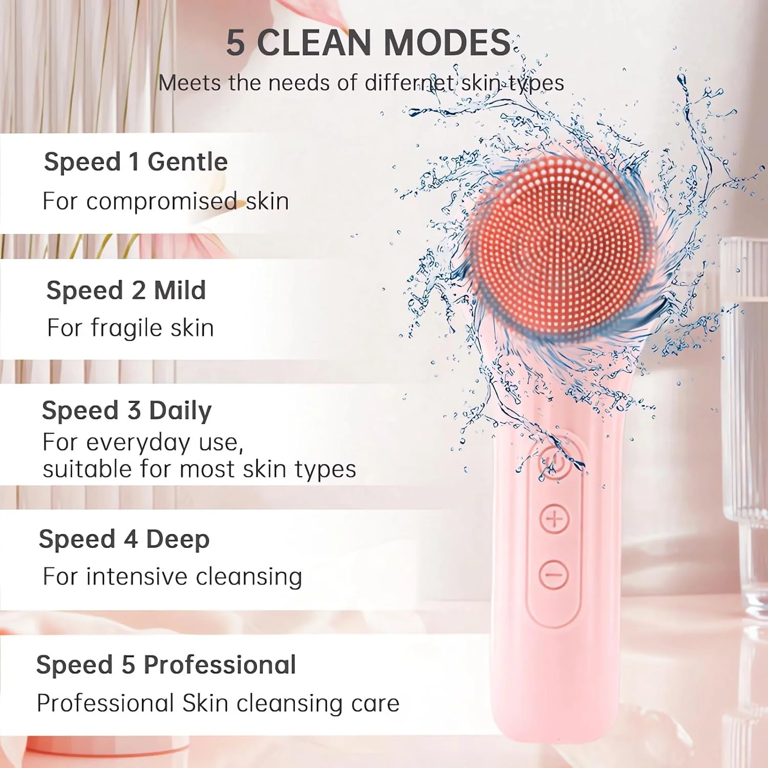 برس پاک کننده صورت برقی - اسکرابر صورت سیلیکونی قابل شارژ، برس پاک کننده منافذ صورت با 5 حالت برای پاکسازی عمیق، لایه برداری و ماساژ (صورتی)