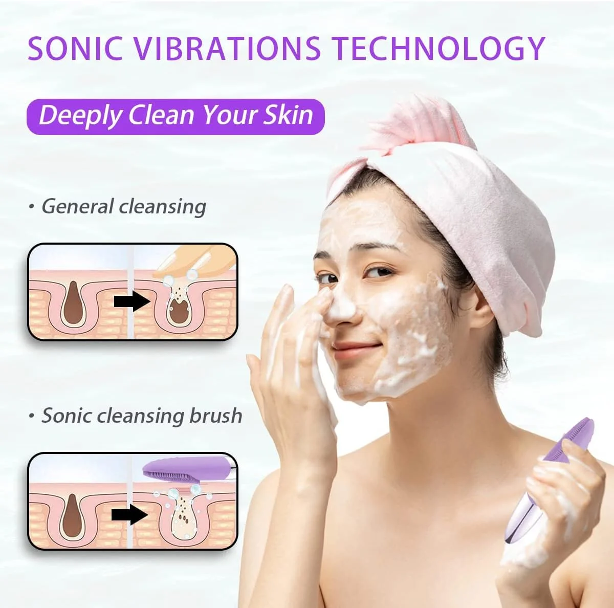 برس پاک کننده صورت، اسکرابر برقی سیلیکونی 3 در 1، ماساژور ویبره، ضد آب IPX7، برس اسکرابر صورت قابل شارژ USB برای پاکسازی عمیق، لایه برداری (بنفش)