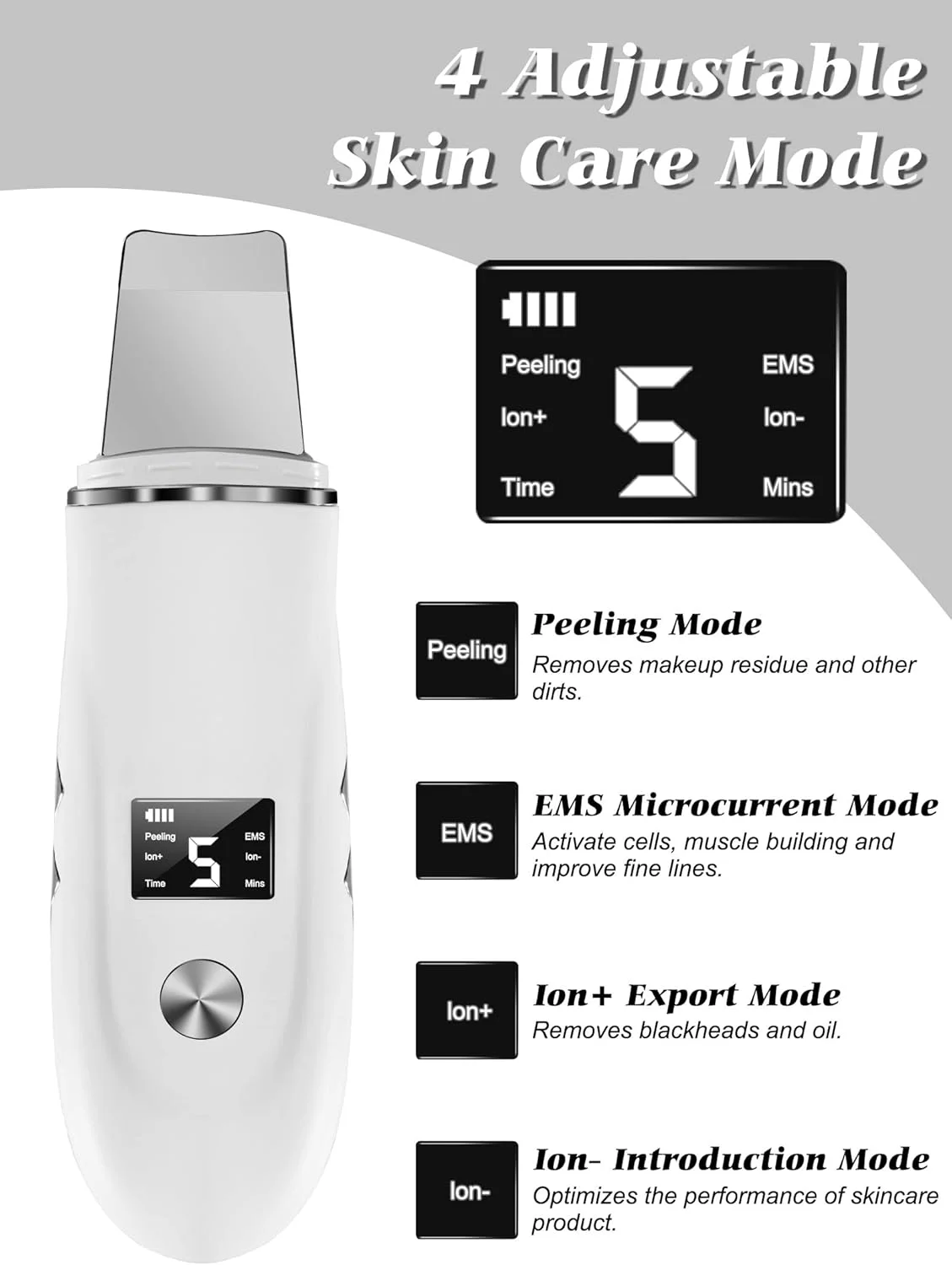 اسکرابر پوست، ابزار حذف جوش سرسیاه با پایه شارژی، نمایشگر LCD، پاک کننده منافذ پوست با التراسونیک - 4 حالت