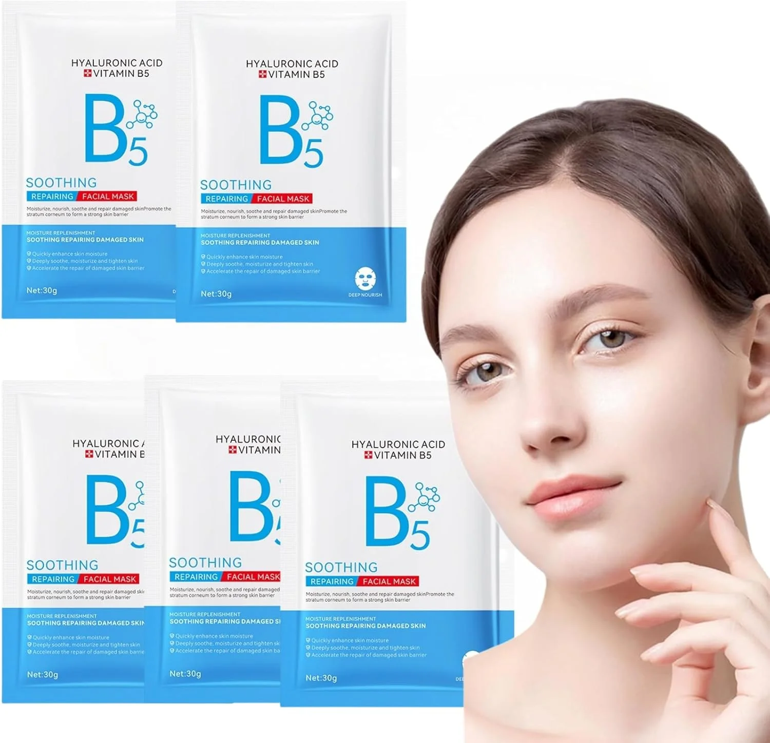 پک 5 عددی ماسک صورت مرطوب کننده، اسید هیالورونیک B5، ماسک پارچه ای فوق العاده مرطوب کننده و تسکین دهنده