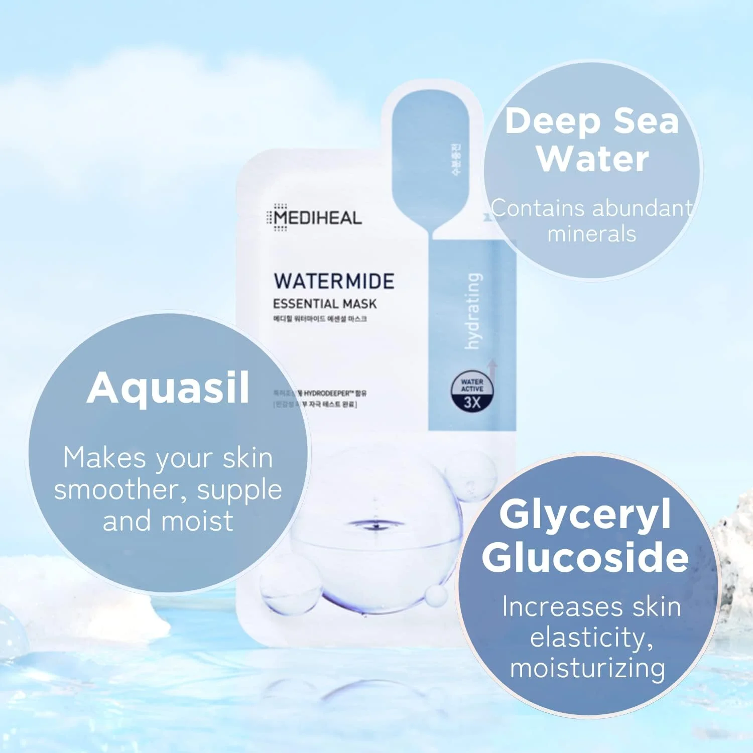 بهترین ماسک ورقه‌ای کره‌ای مدی‌هیل - ماسک صورت آبرسان و ضروری Watermide، ۴ عدد مناسب انواع پوست، بهترین ماسک ورقه‌ای کره‌ای، آبرسان و مرطوب‌کننده با کمپلکس Water 3x