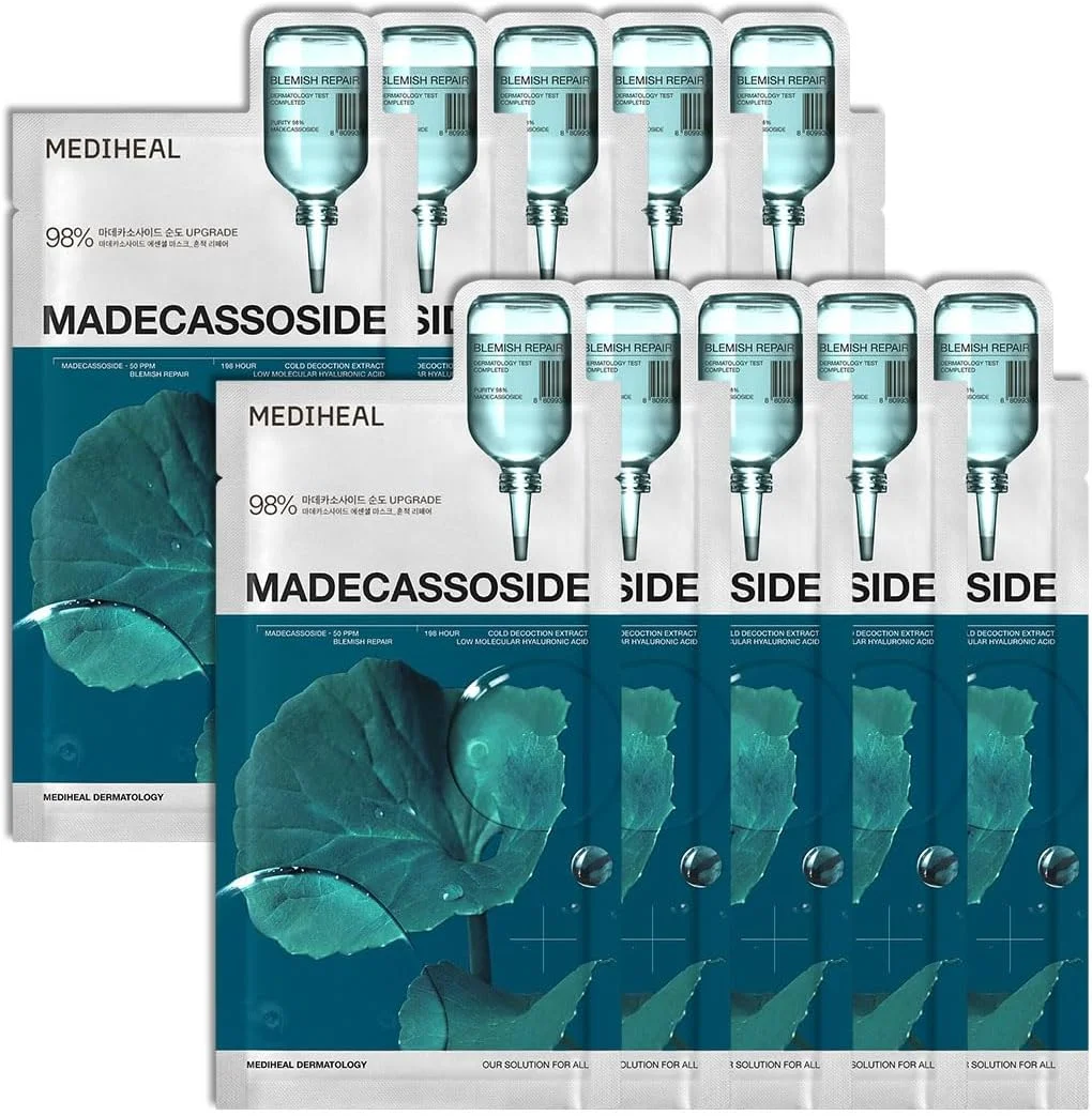 ماسک ورقه‌ای اسنشیال مادکاسوساید مدیهیل ترمیم کننده لک | 10 عدد | مادکاسوساید با خلوص 98% و هیالورونیک اسید | تقویت سد رطوبتی و مراقبت از بافت پوست