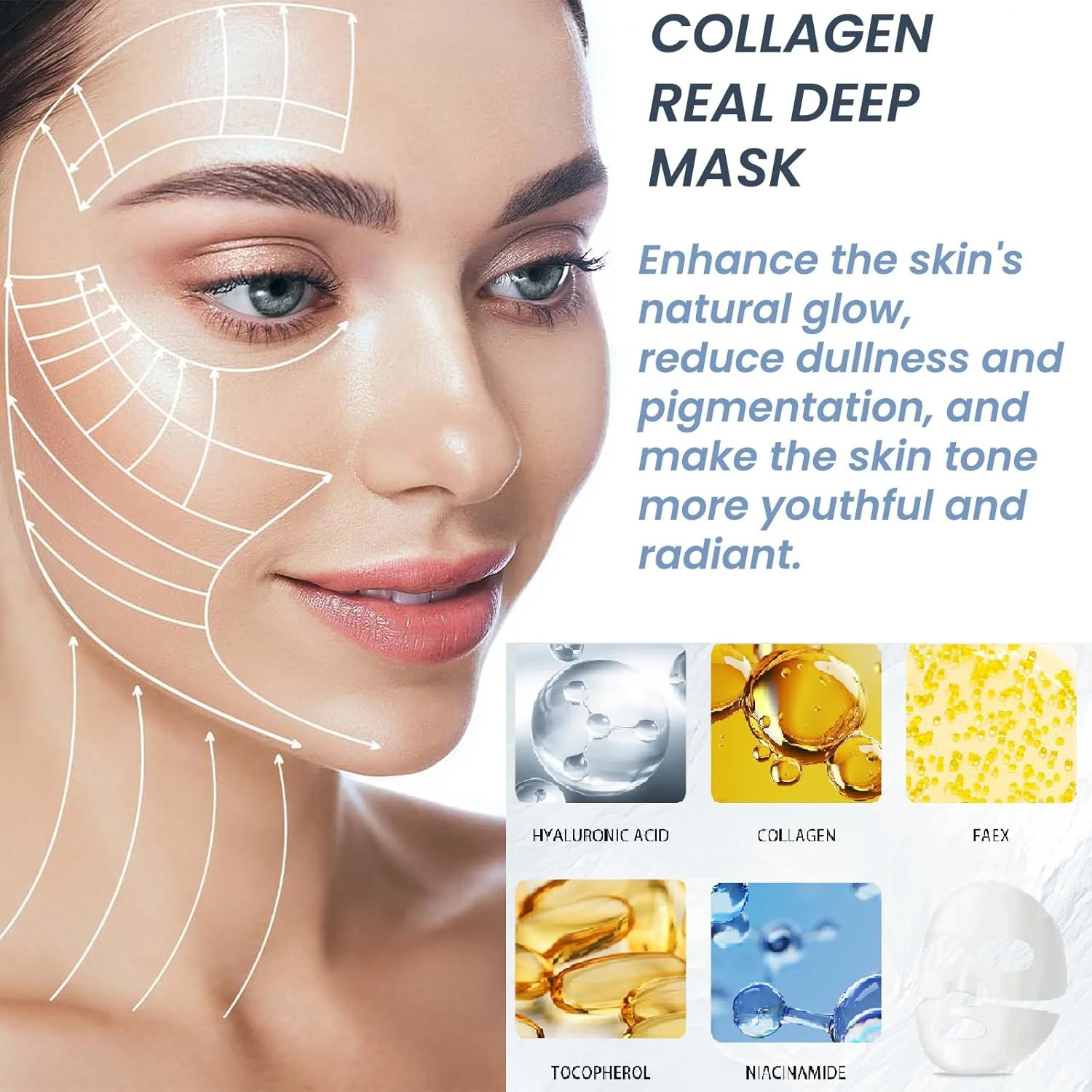 ماسک کلاژن 4 عددی، ماسک آبرسان عمیق کلاژن شبانه | کلاژن واقعی 2,160,000ppb | ماسک های هیدروژل صورت با کلاژن با وزن مولکولی کم برای خاصیت ارتجاعی و مرطوب کنندگی