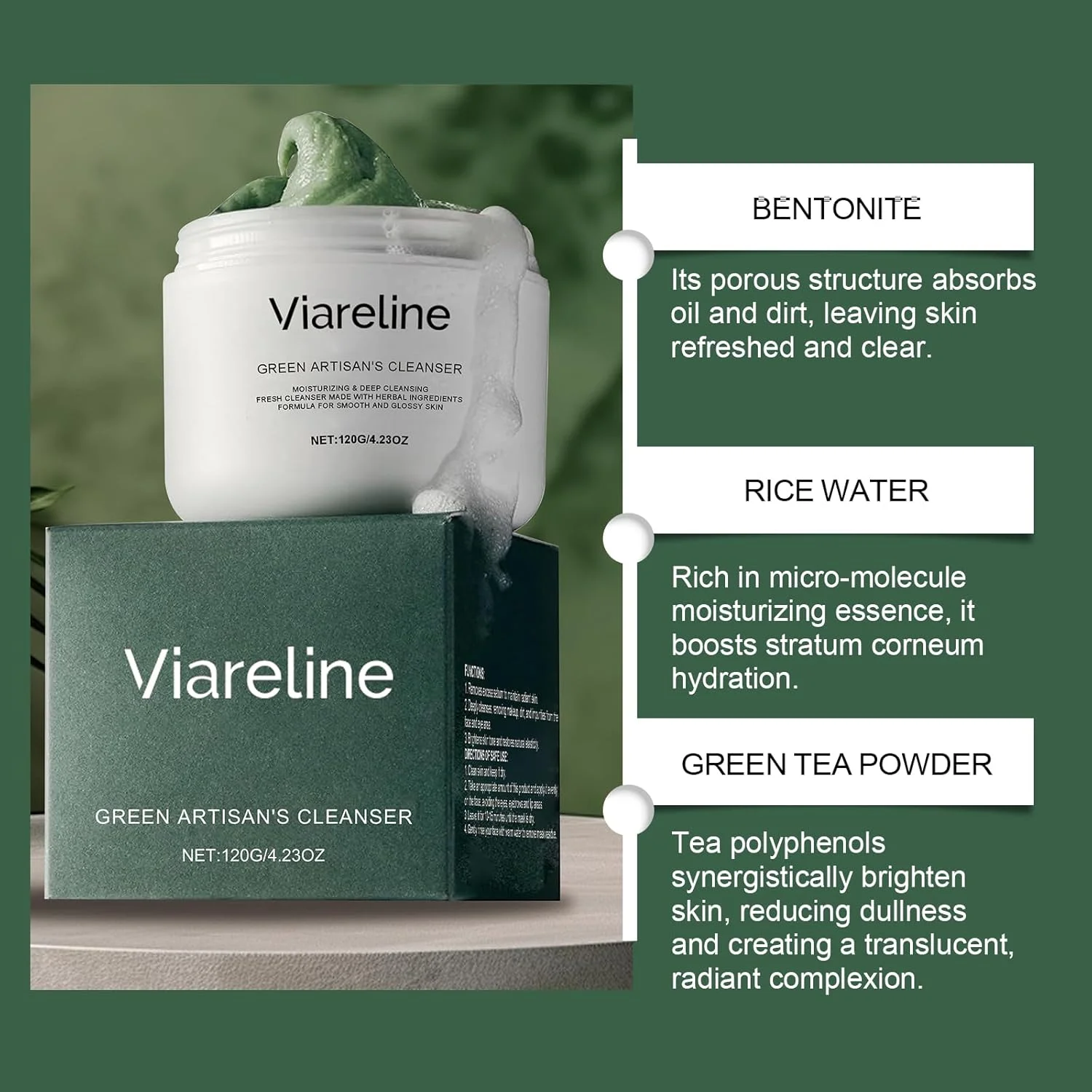 ماسک گِلی صورت برای بانوان و آقایان 丨 ماسک خاک رس صورت با بنتونیت، آب برنج و چای سبز 丨 پاکسازی عمیق، آبرسانی، مرطوب کننده، لایه برداری 丨 120 گرم