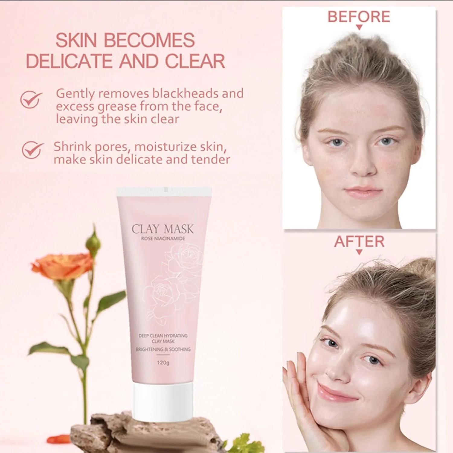 ماسک گِلی ترمیم کننده گل رز - ماسک گِلی صورت کره‌ای، پاک کننده عمیق و آبرسان منافذ برای منافذ مسدود شده و پوست خشک، ماسک تسکین دهنده و مرطوب کننده برای پوست کدر