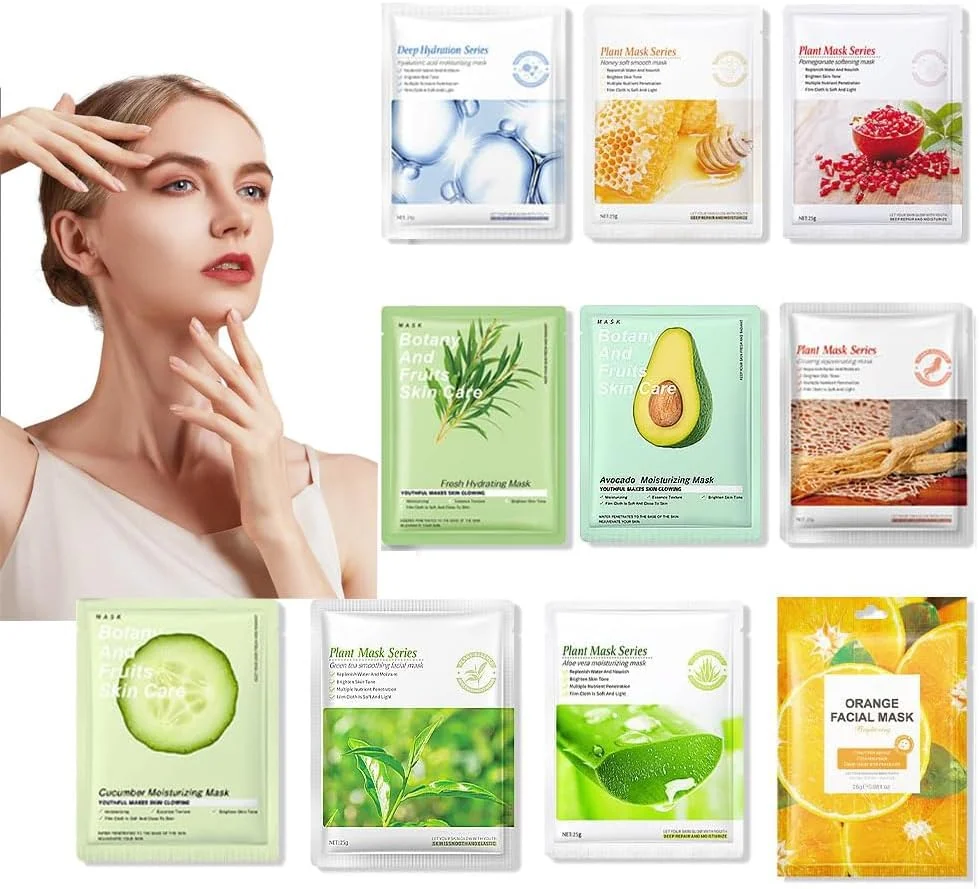 مجموعه 10 عددی ماسک میوه و گیاه، ماسک صورت مراقبت از پوست، مجموعه ماسک صورت کره‌ای، مرطوب کننده، روشن کننده و مغذی برای انواع پوست (مجموعه A)