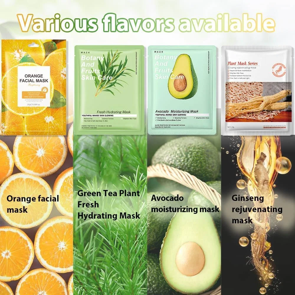 مجموعه 10 عددی ماسک میوه و گیاه، ماسک صورت مراقبت از پوست، مجموعه ماسک صورت کره‌ای، مرطوب کننده، روشن کننده و مغذی برای انواع پوست (مجموعه A)