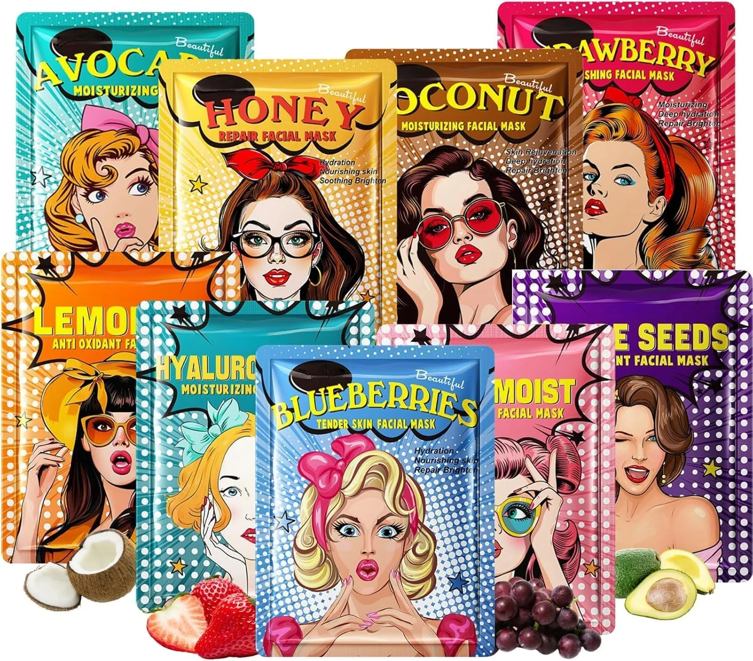 مجموعه 18 عددی ماسک ورقه ای آبرسان یلاجوی – حاوی عصاره های طبیعی گیاهان و میوه ها با کلاژن و هیالورونیک اسید برای مرطوب کردن، جوانسازی و درخشش پوست – ست هدیه ایده آل ماسک صورت برای زنان و دختران نوجوان