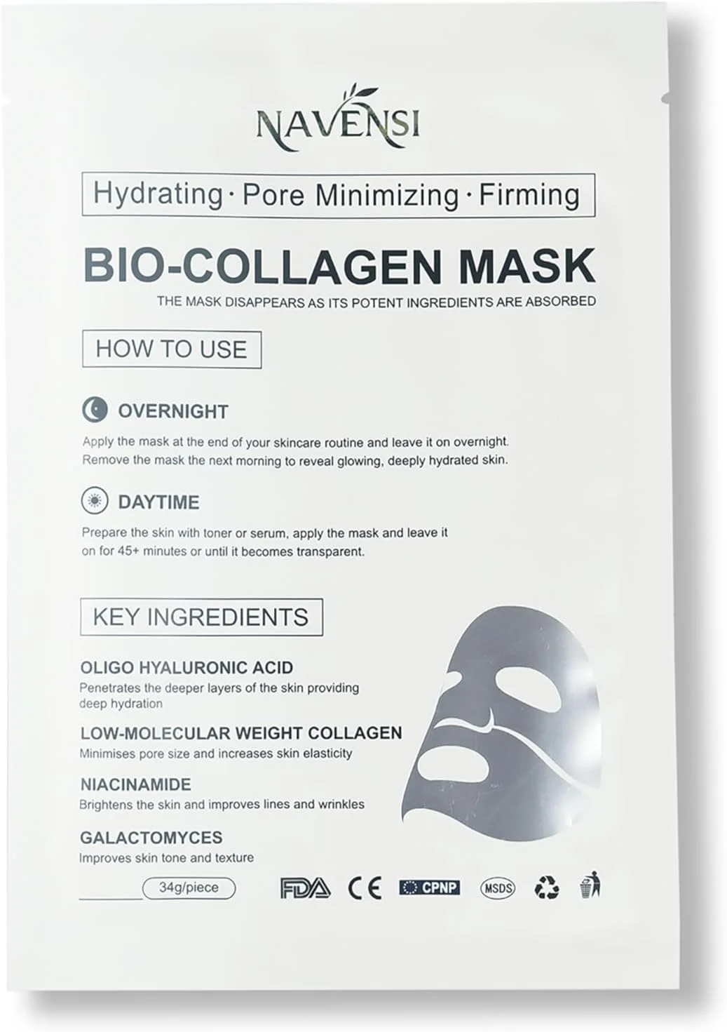 ماسک صورت بیو کلاژن – ماسک ورقه ای آبرسان و سفت کننده برای ضد پیری، کاهش چین و چروک و درخشش پوست – مرطوب کننده عمیق و سفت کننده پوست یا ماسک صورت کوچک کننده منافذ 34 گرم x5 عدد