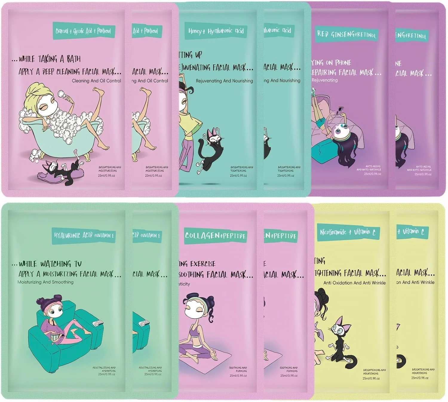 مجموعه ۱۲ عددی ماسک صورت YelaJoy، مجموعه ماسک صورت اسنس، آبرسان، مرطوب کننده، مغذی، روشن کننده، مراقبت روزانه پوست، مناسب برای انواع پوست