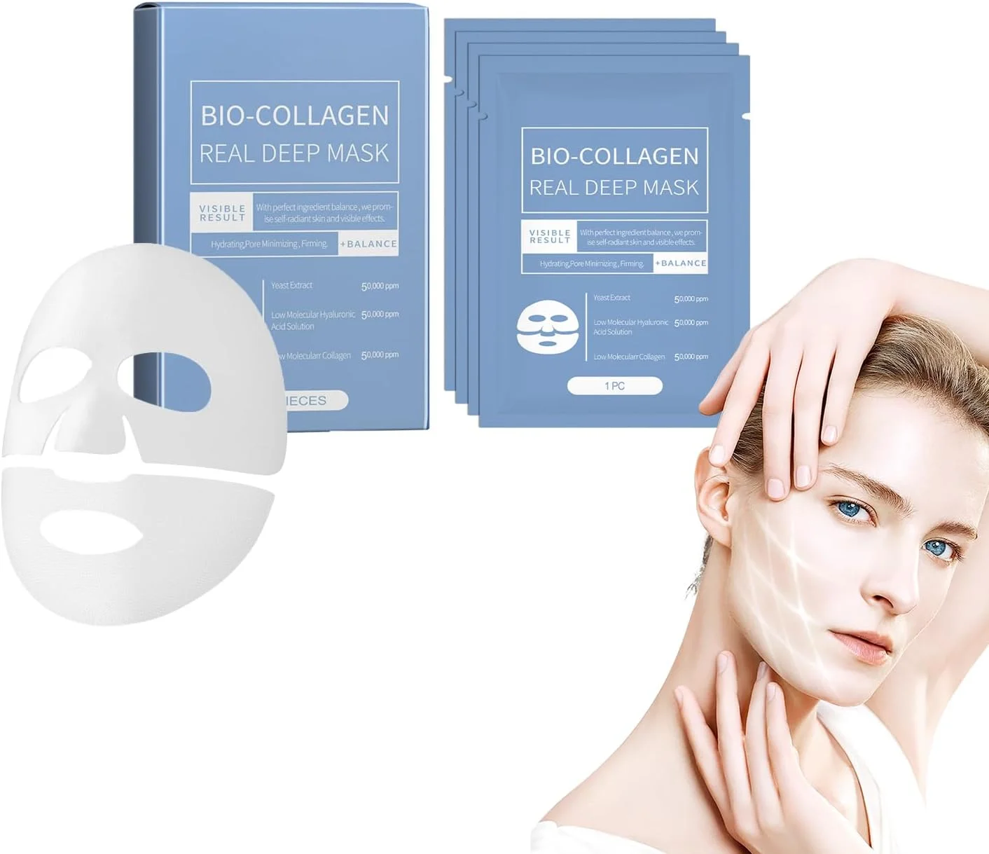 بسته 8 عددی ماسک ورقه ای بایو کلاژن، ماسک های آبرسان صورت با پپتیدهای کلاژن برای ضد چروک، مرطوب کننده و تسکین دهنده