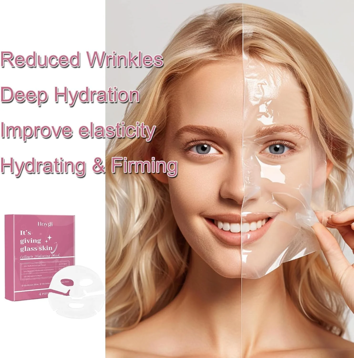 ماسک صورت پوست شیشه ای کلاژن دار 4 عددی، آبرسانی عمیق، سفت کننده منافذ، آبرسان شبانه برای مراقبت از صورت، فرمول مرطوب کننده و سفت کننده کره ای کاهش دهنده چین و چروک