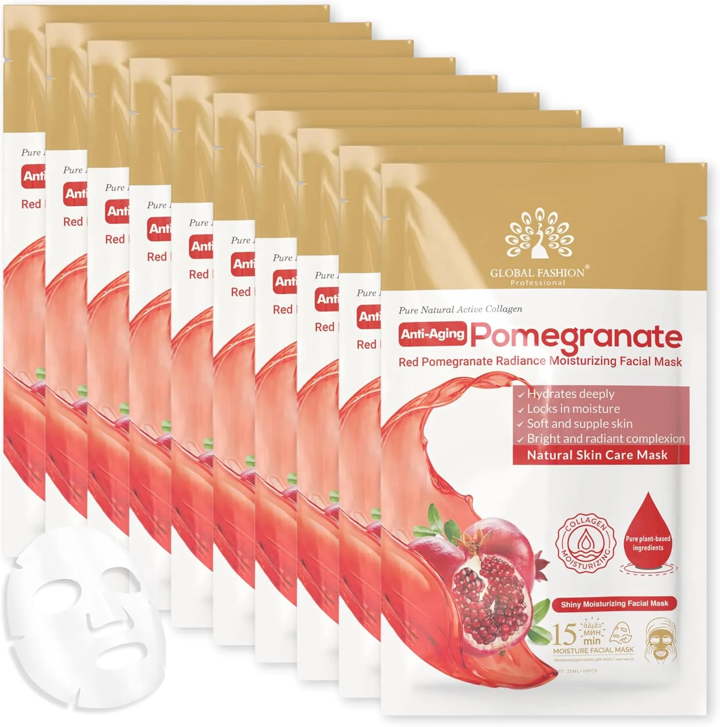 ماسک ورقه‌ای صورت گلوبال فشن - ۵ رایحه طبیعی، آبرسان، ضد پیری، روشن کننده و سفت کننده - درمان اسپا ۱۵ دقیقه‌ای با کلاژن و هیالورونیک اسید (بسته ۱۰ عددی، انار)