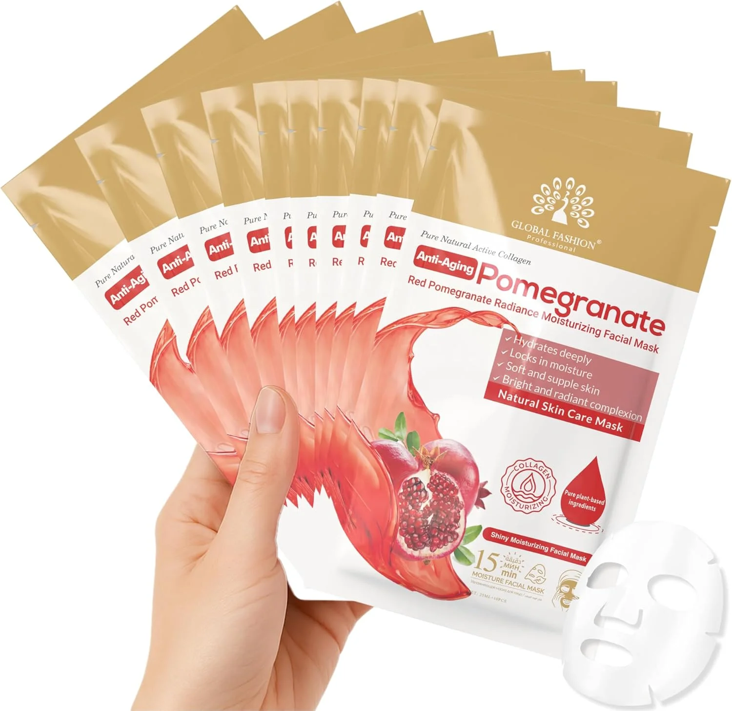 ماسک ورقه‌ای صورت گلوبال فشن - ۵ رایحه طبیعی، آبرسان، ضد پیری، روشن کننده و سفت کننده - درمان اسپا ۱۵ دقیقه‌ای با کلاژن و هیالورونیک اسید (بسته ۱۰ عددی، انار)